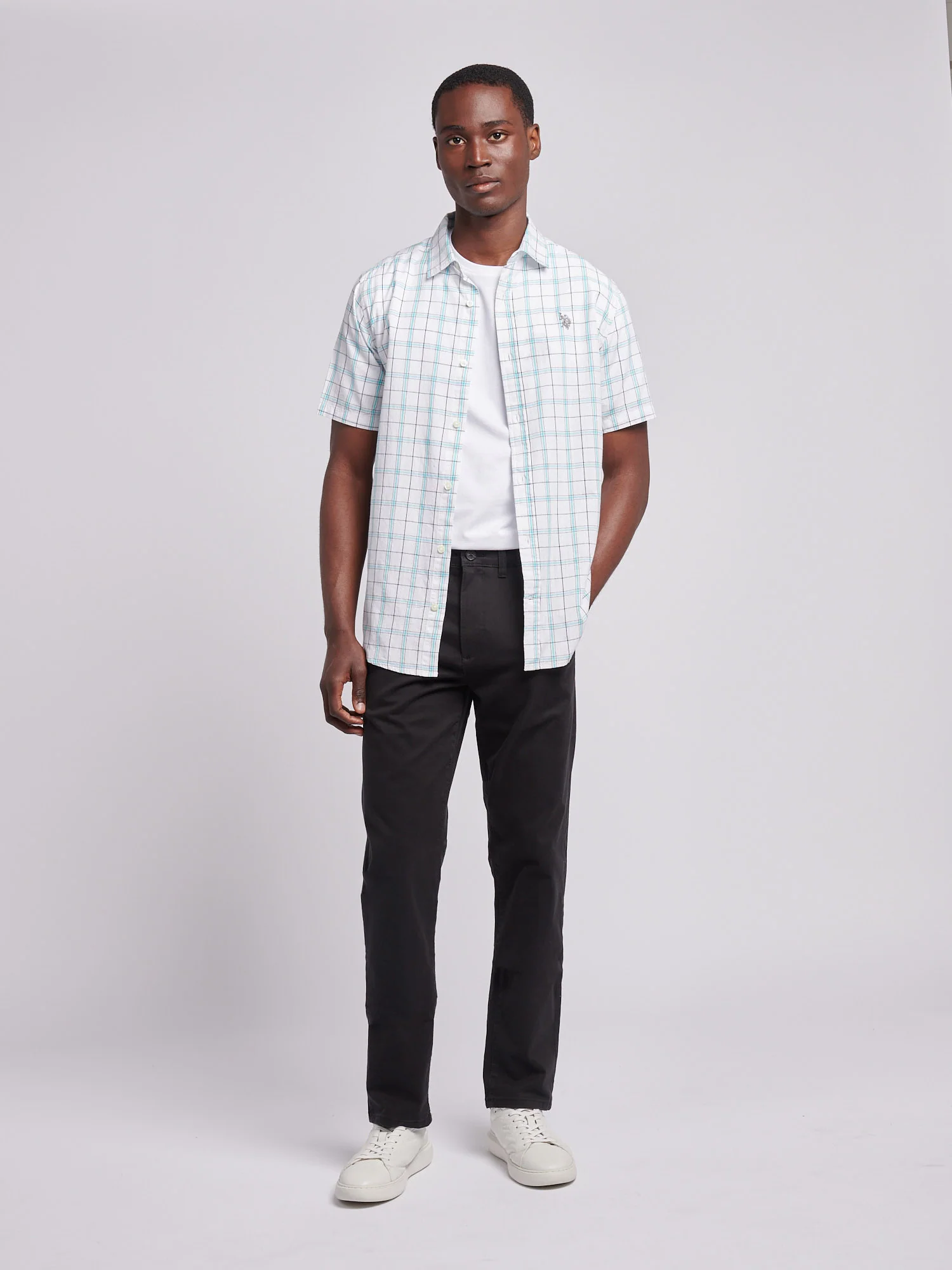 Mens Double Horsemen Checked Short Sleeve Shirt in Bright White - Image 3