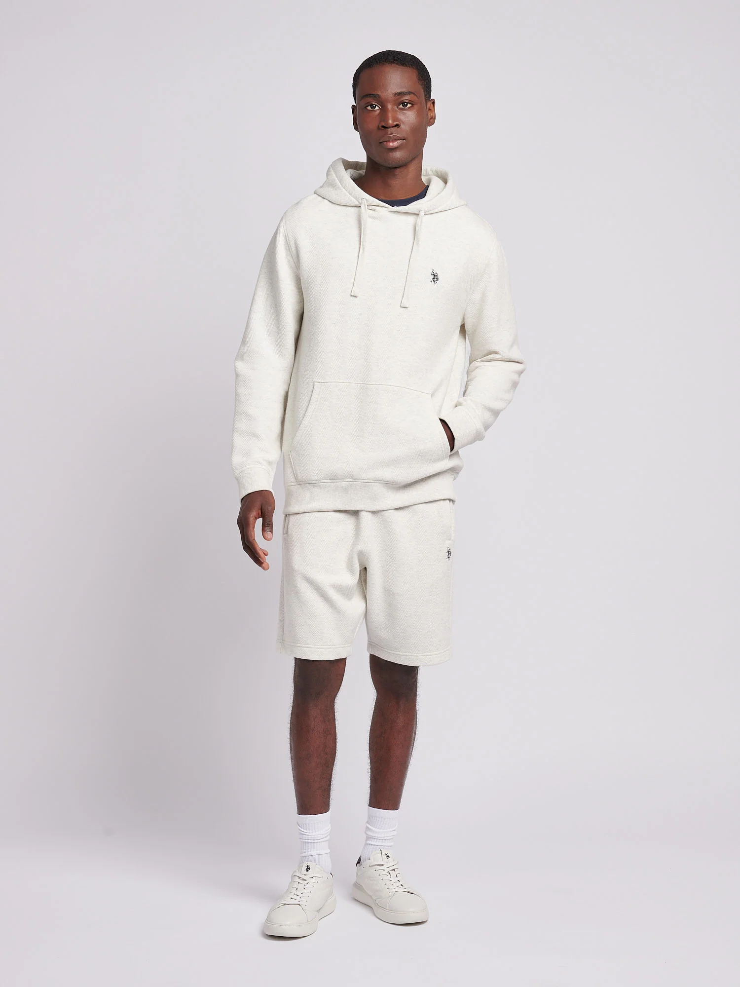 Mens Double Horsemen Herringbone Hoodie in Light Grey Marl - Image 3