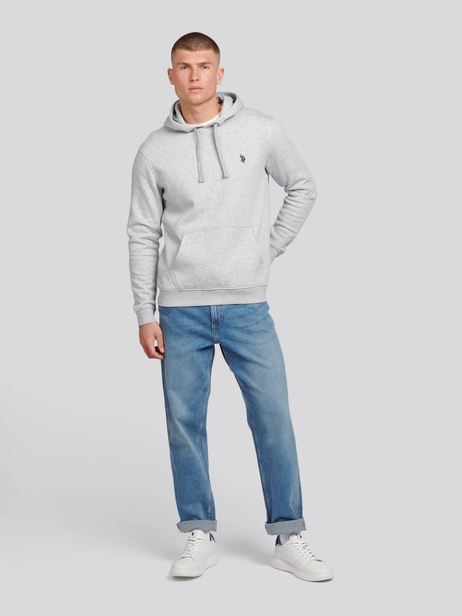 Mens Double Horsemen Hoodie in Mid Grey Marl - Image 3