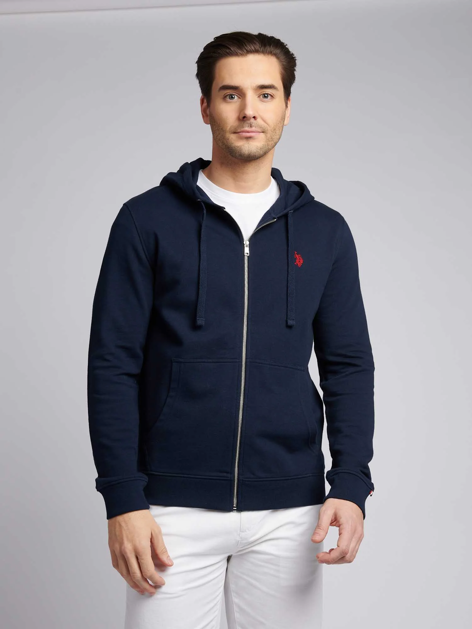 Mens Double Horsemen Loopback Zip Hoodie Dark Sapphire Navy / Haute Red DHM