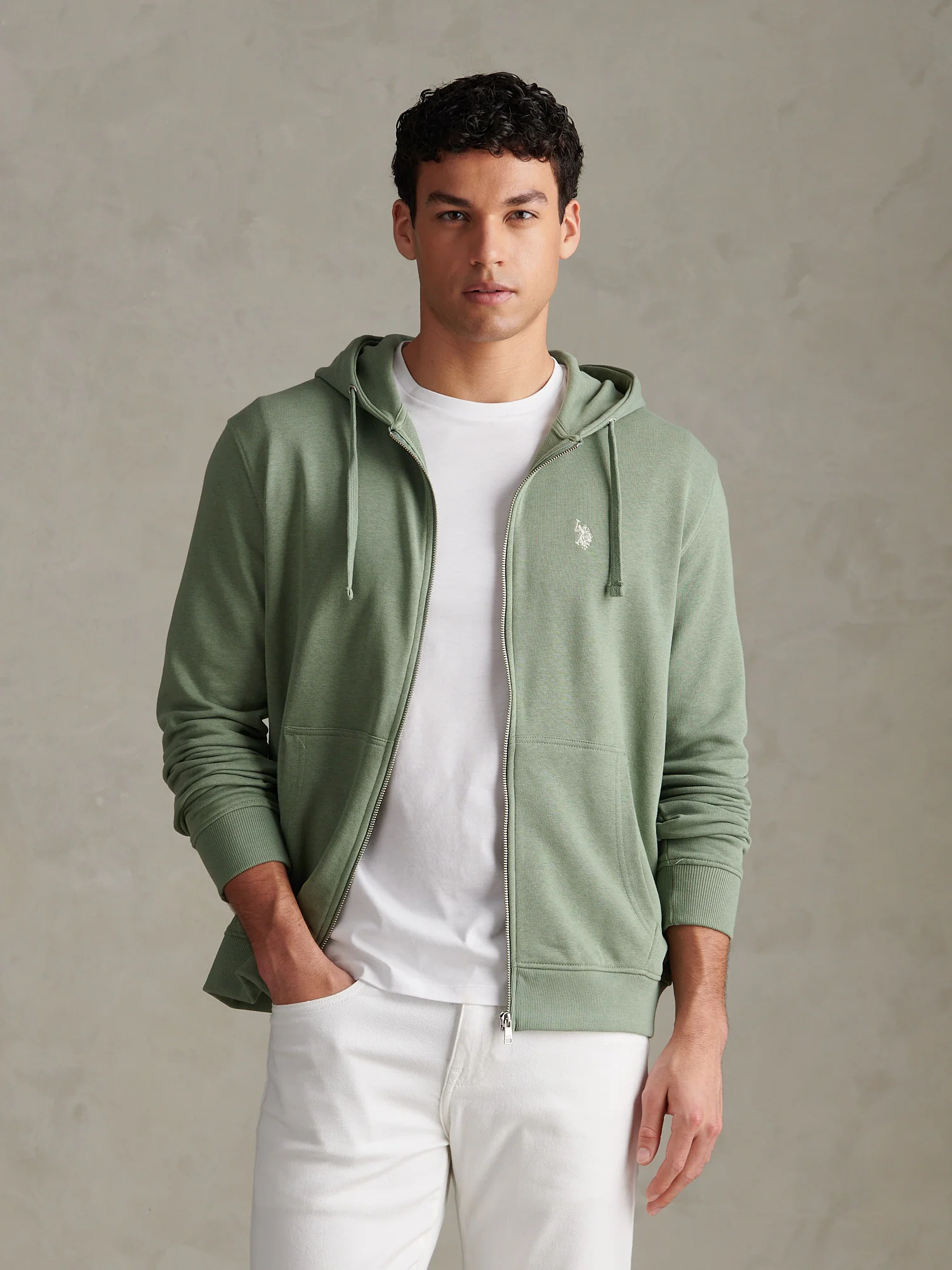 Mens Double Horsemen Loopback Zip Hoodie Sea Spray - Image 5