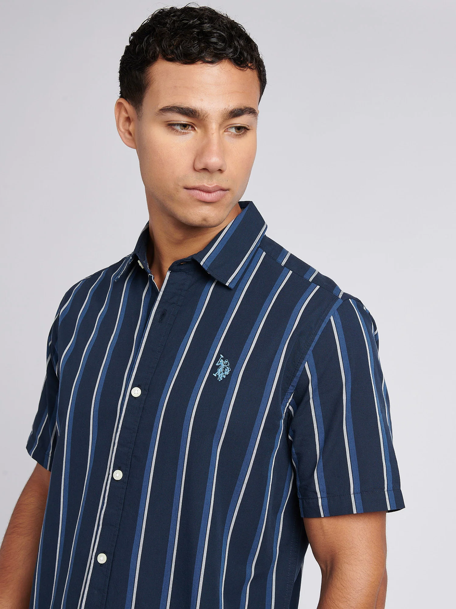 Mens Double Horsemen Striped Short Sleeve Shirt in Dark Sapphire Navy / Moonlight Blue DHM - Image 2