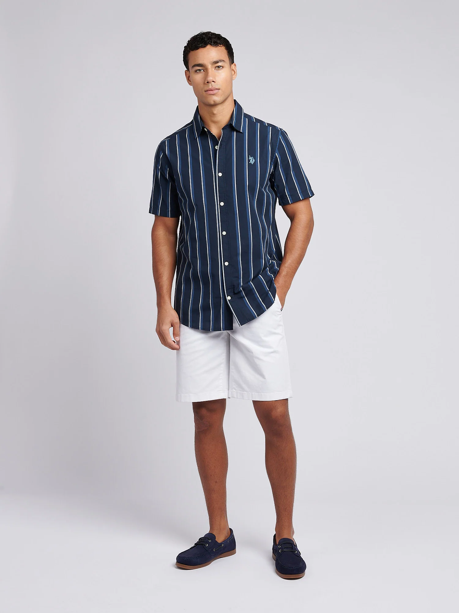 Mens Double Horsemen Striped Short Sleeve Shirt in Dark Sapphire Navy / Moonlight Blue DHM - Image 3