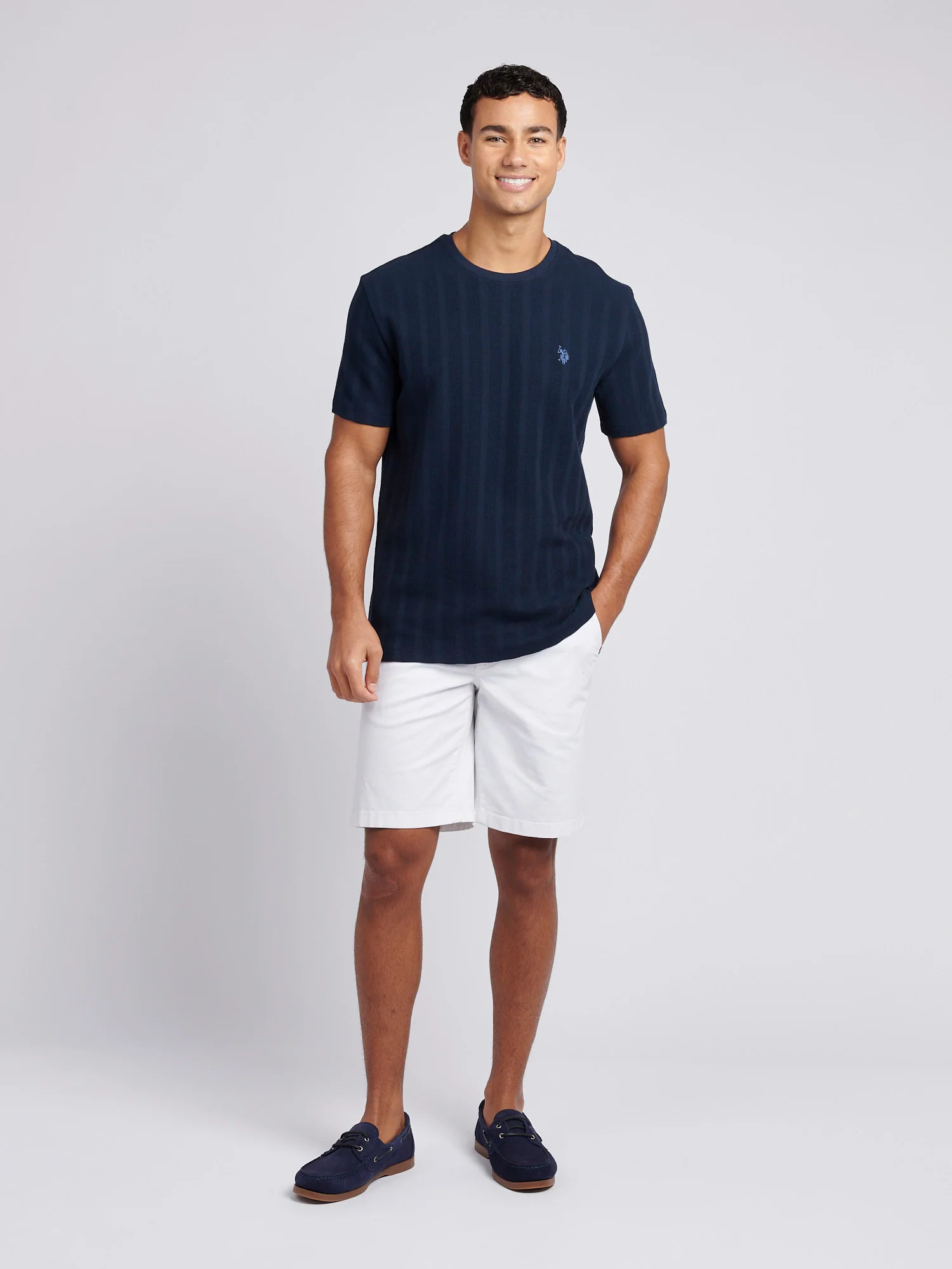 Mens Double Horsemen Vertical Stripe Textured T-Shirt in Dark Sapphire Navy / Moonlight Blue DHM - Image 3