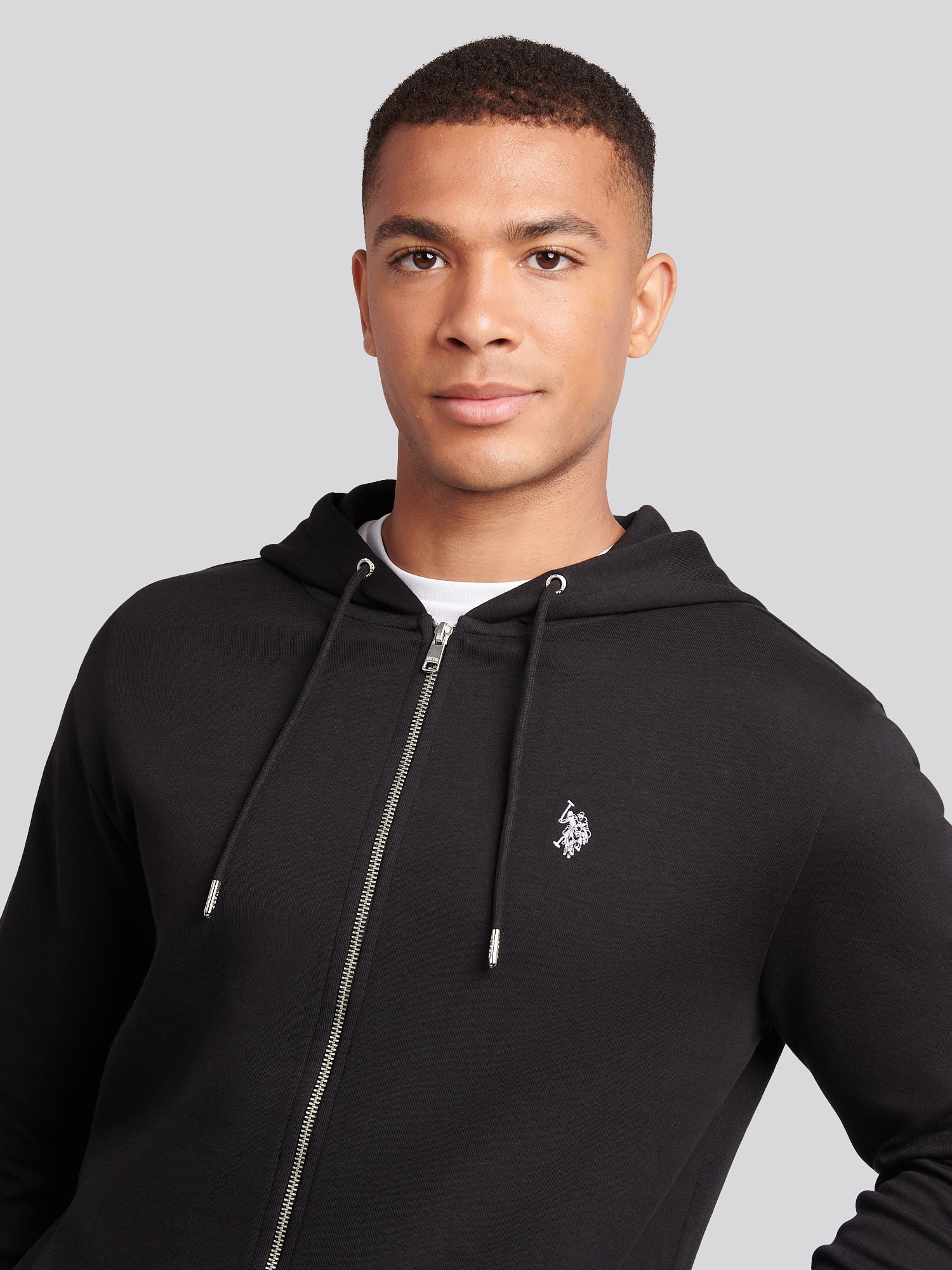 Mens Double Horsemen Zip Hoodie in Black Bright White DHM - Image 2