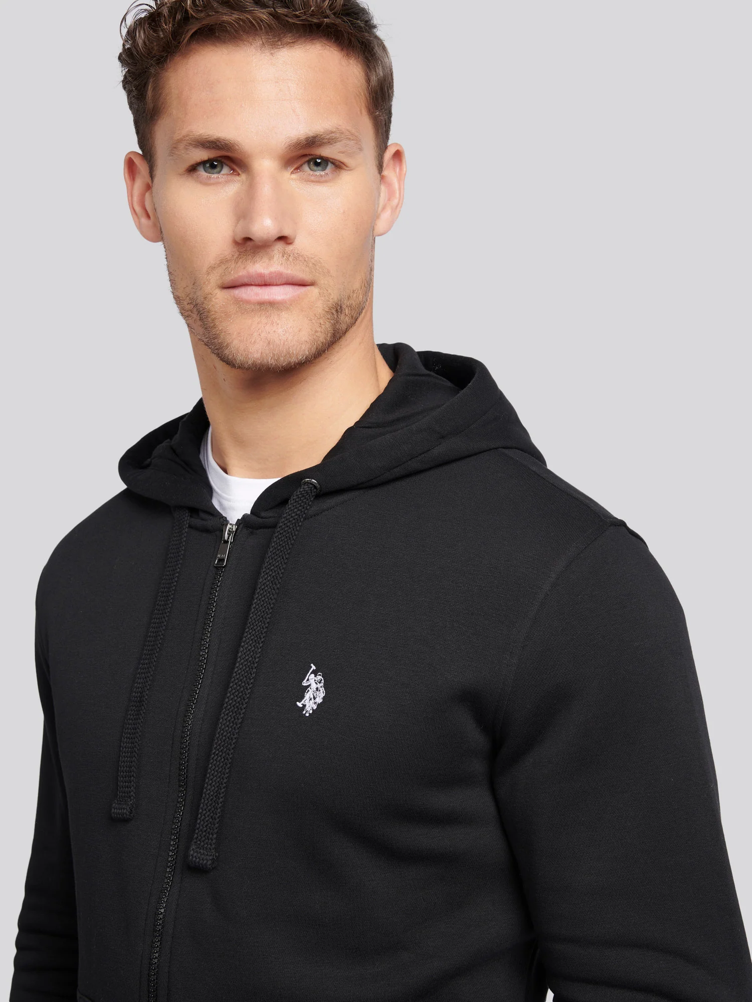 Mens Double Horsemen Zip Hoodie in Black Bright White DHM - Image 3