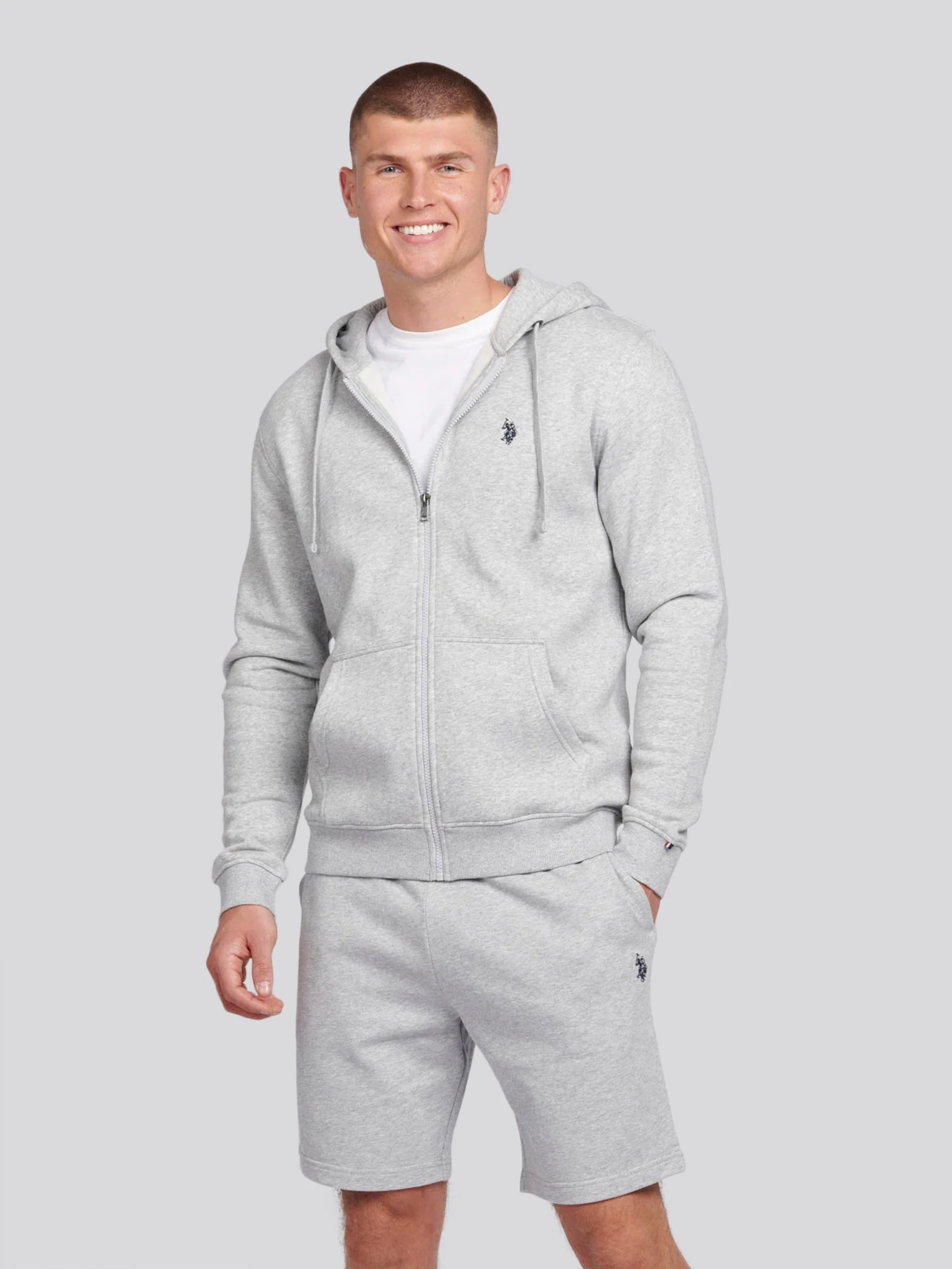 Mens Double Horsemen Zip Hoodie in Mid Grey Marl