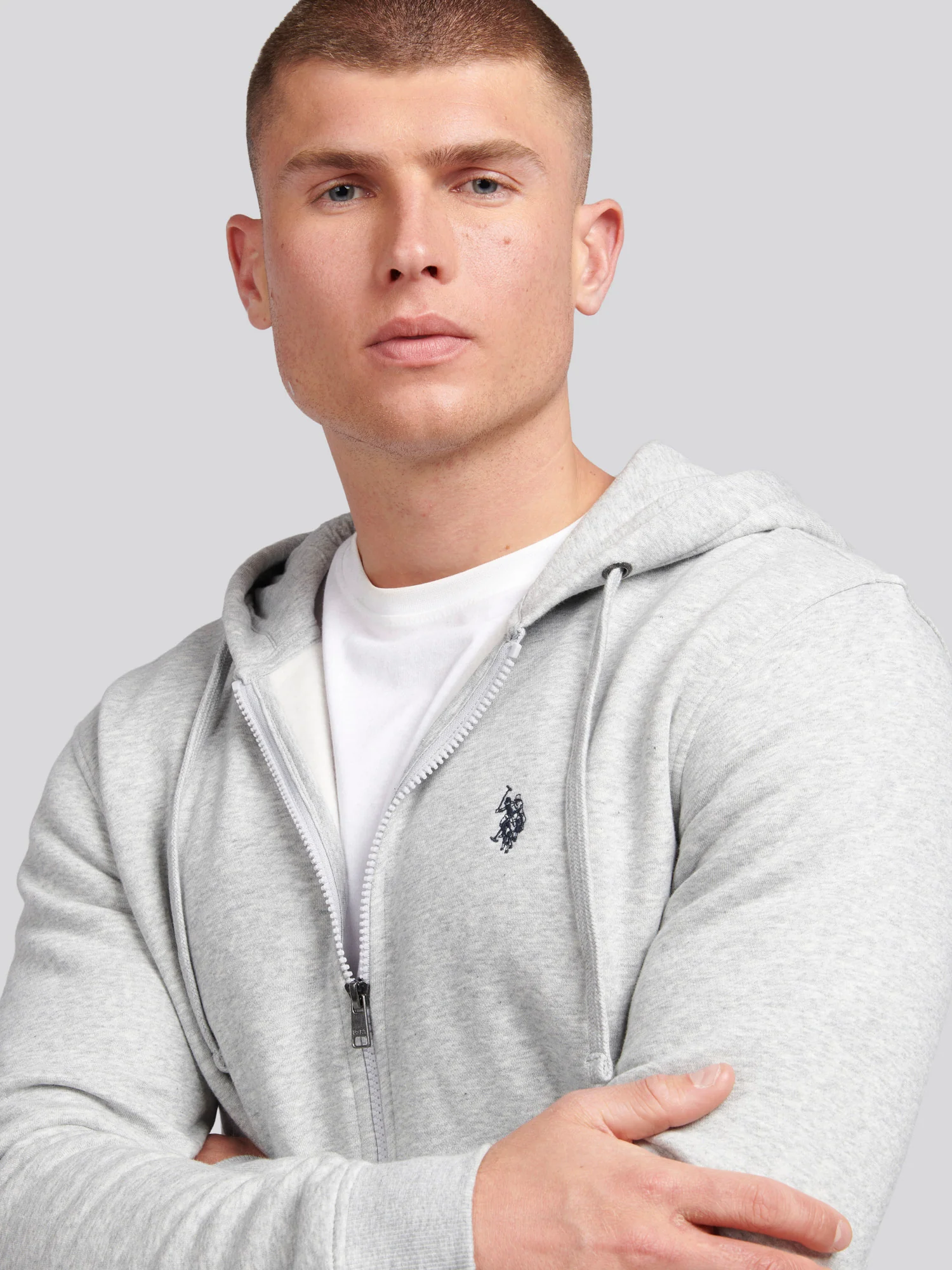 Mens Double Horsemen Zip Hoodie in Mid Grey Marl - Image 2
