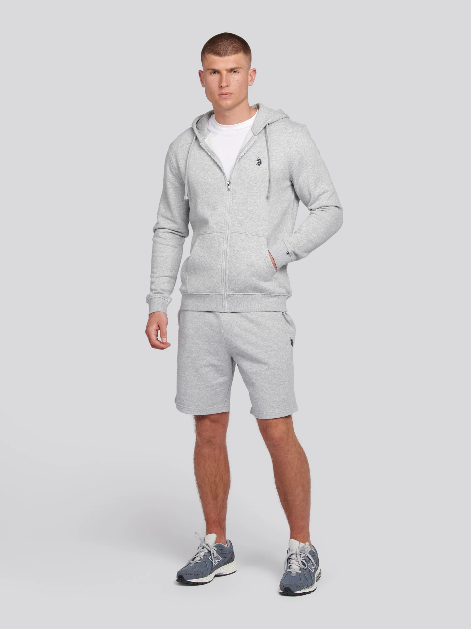 Mens Double Horsemen Zip Hoodie in Mid Grey Marl - Image 3