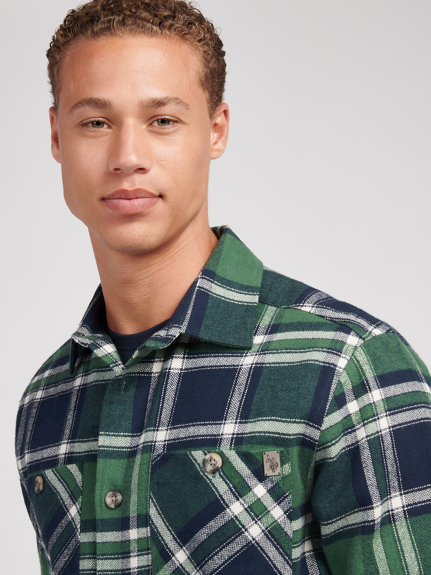 Mens Enlarged Check Overshirt in Pineneedle - Image 2