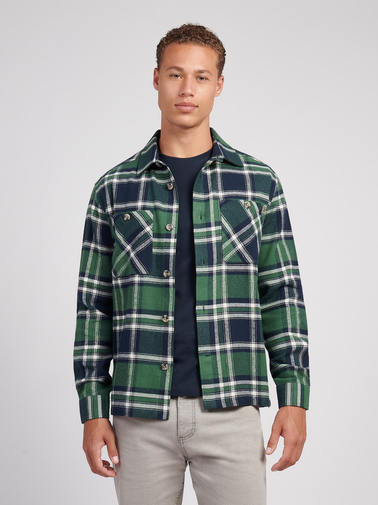 Mens Enlarged Check Overshirt in Pineneedle - Image 5