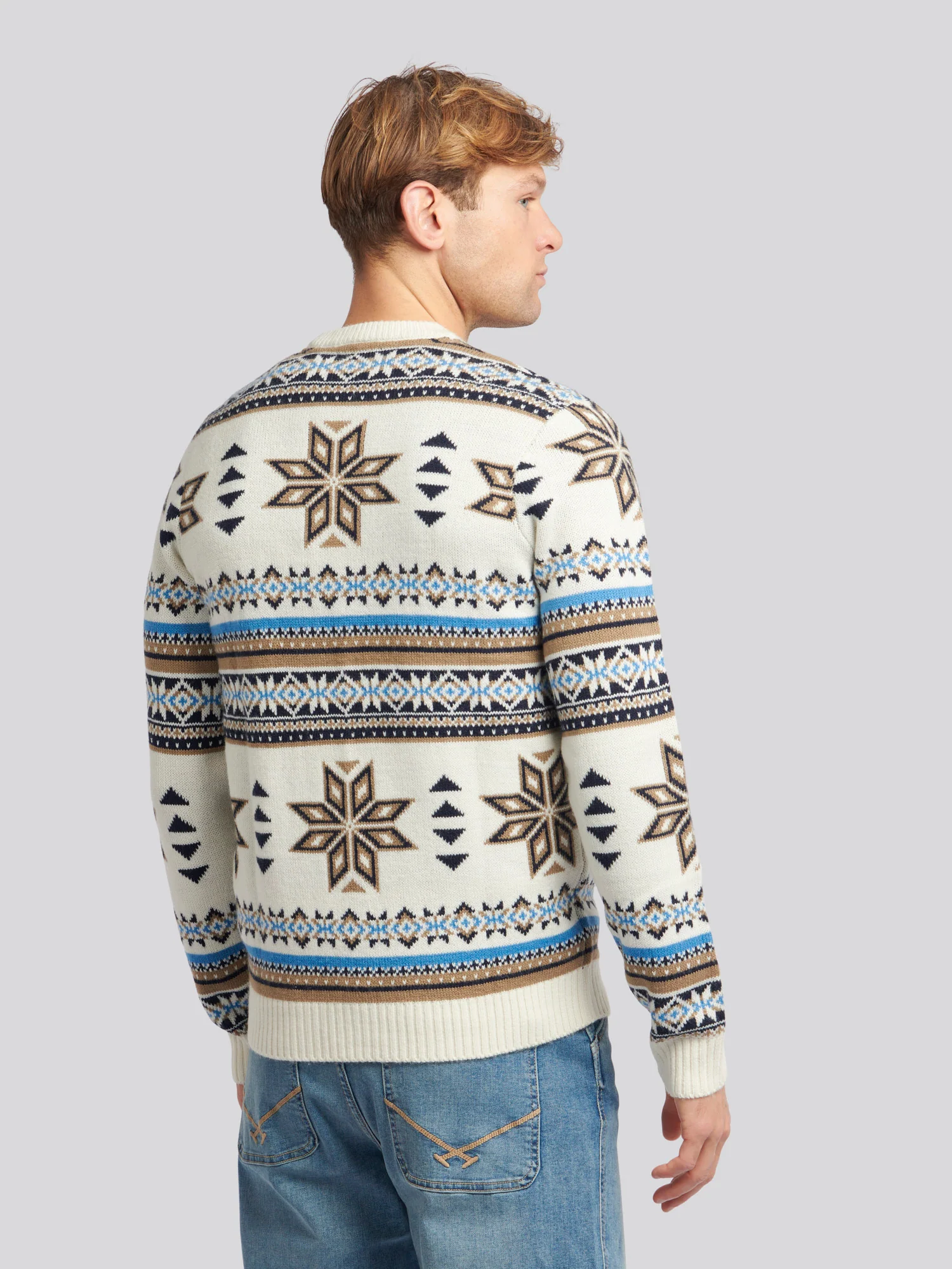 Mens Fair Isle Crew Neck Jumper in Tofu - Image 2