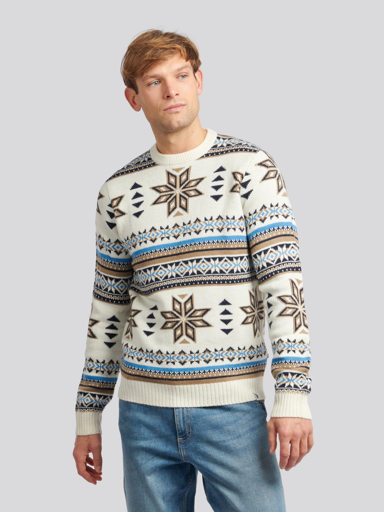 Mens Fair Isle Crew Neck Jumper in Tofu - Image 6