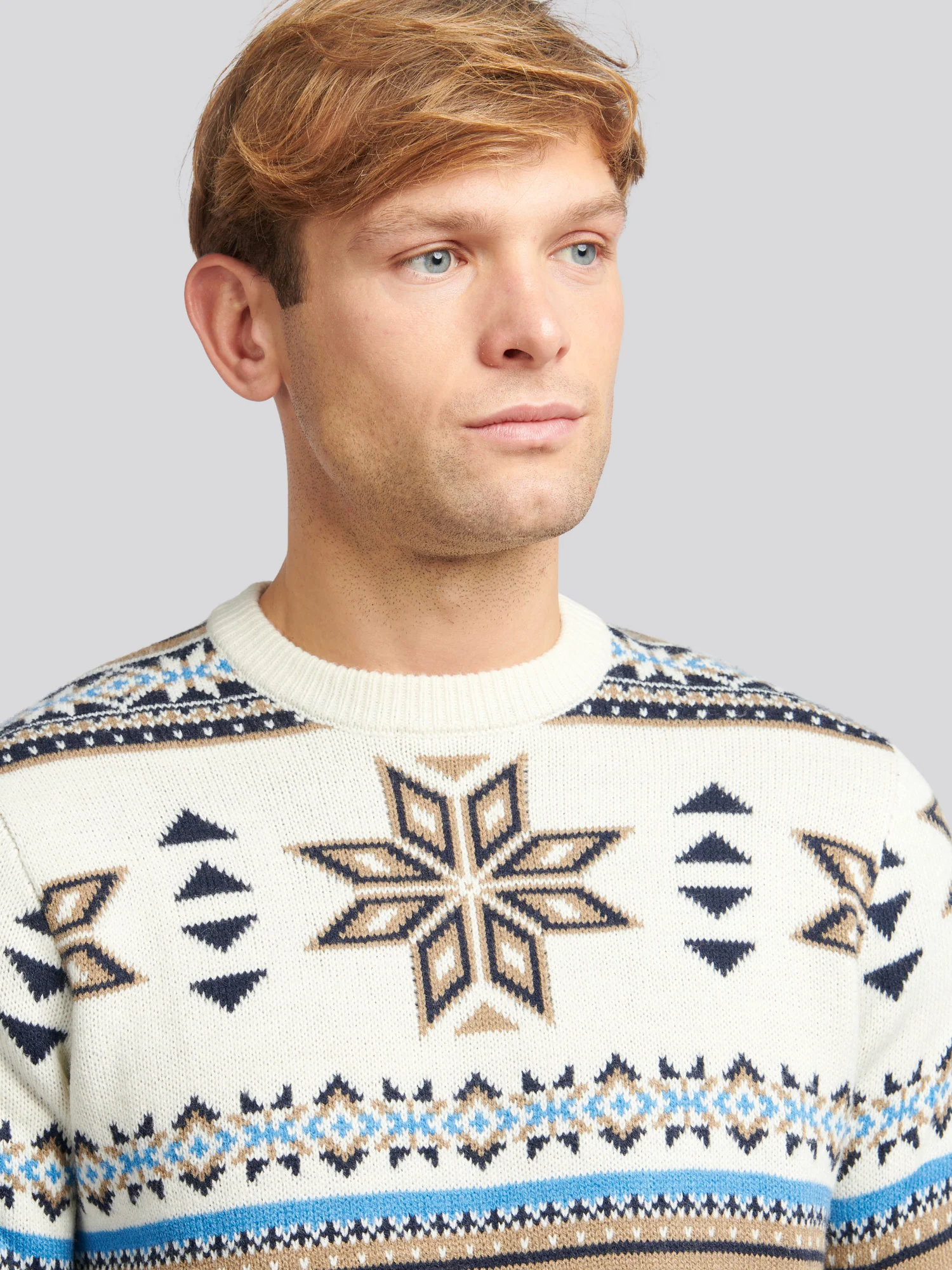 Mens Fair Isle Crew Neck Jumper in Tofu - Image 7
