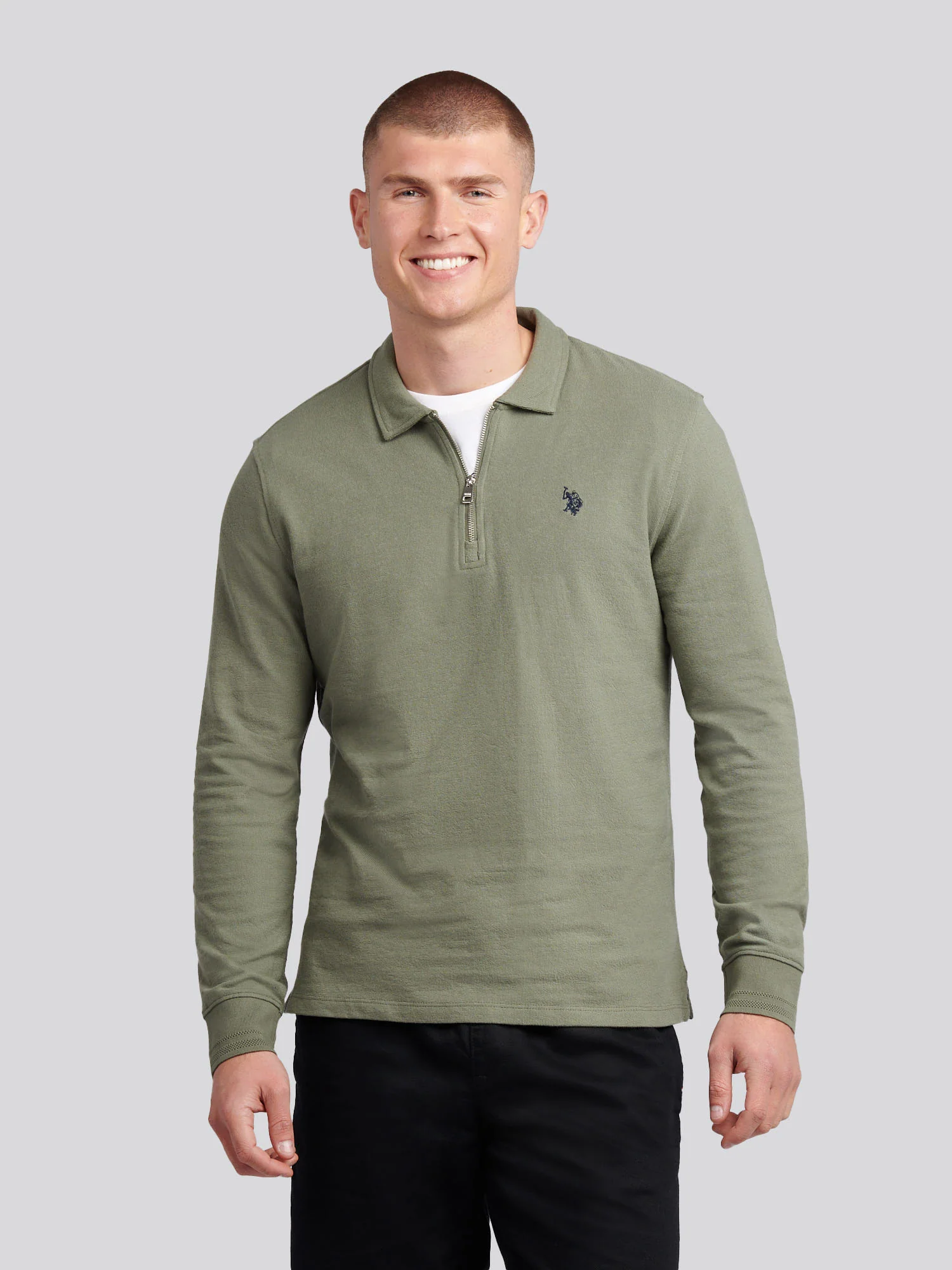 Mens Flat Pile Long Sleeve Polo Shirt in Mulled Basil