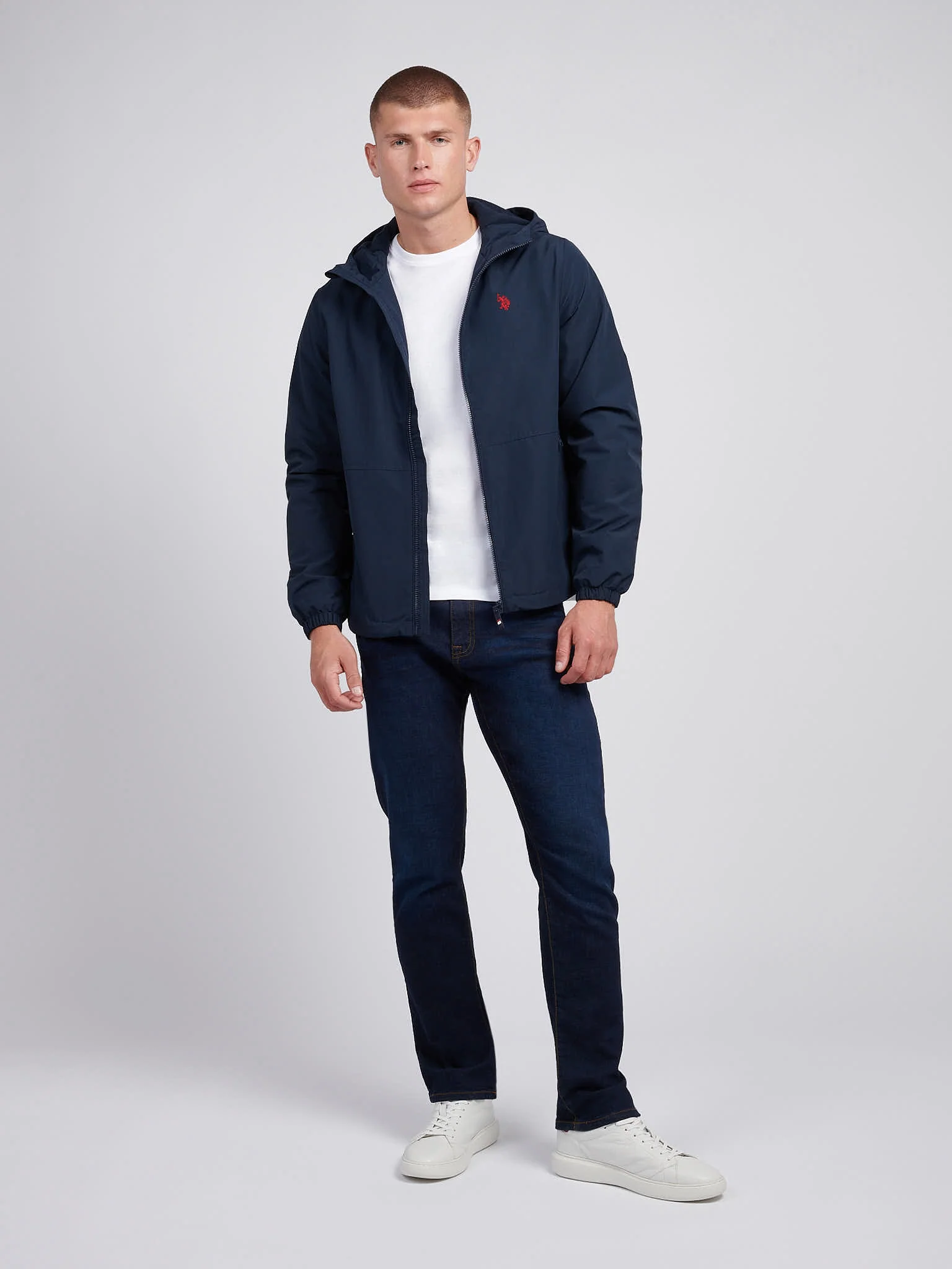 Mens Fleece Lined Windbreaker Jacket in Dark Sapphire Navy / Haute Red DHM - Image 3