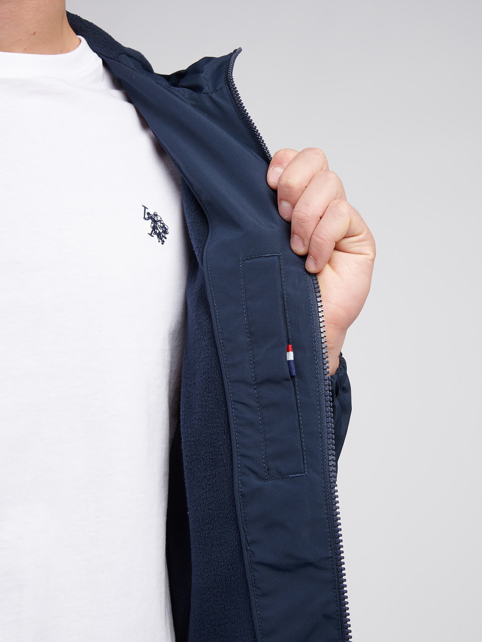 Mens Fleece Lined Windbreaker Jacket in Dark Sapphire Navy / Haute Red DHM - Image 6
