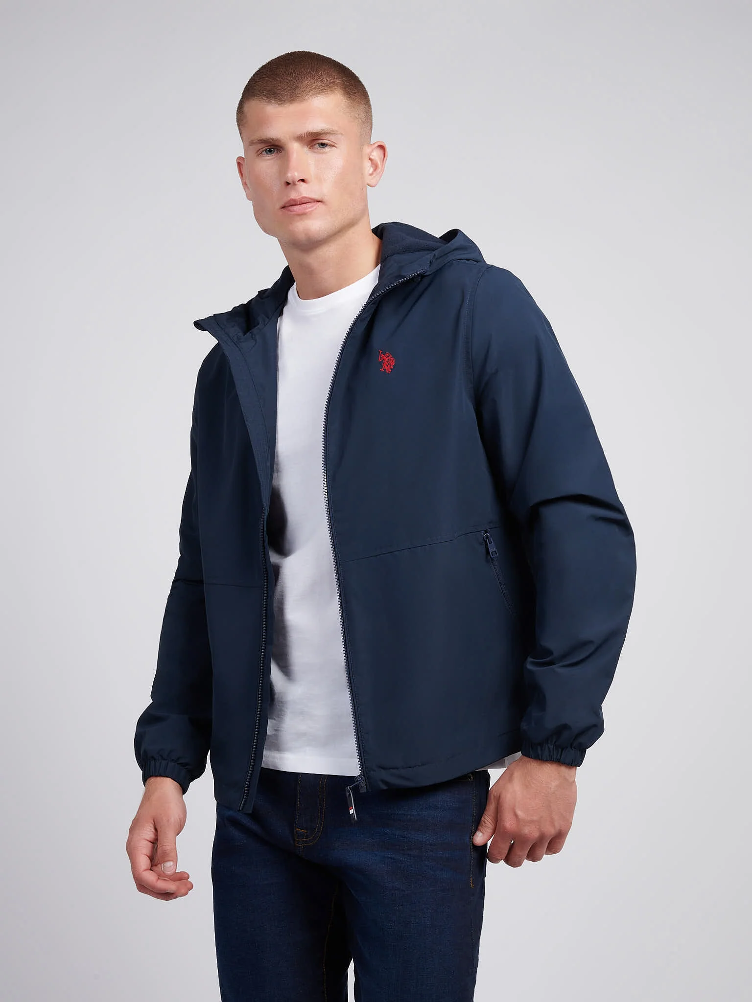 Mens Fleece Lined Windbreaker Jacket in Dark Sapphire Navy / Haute Red DHM - Image 7