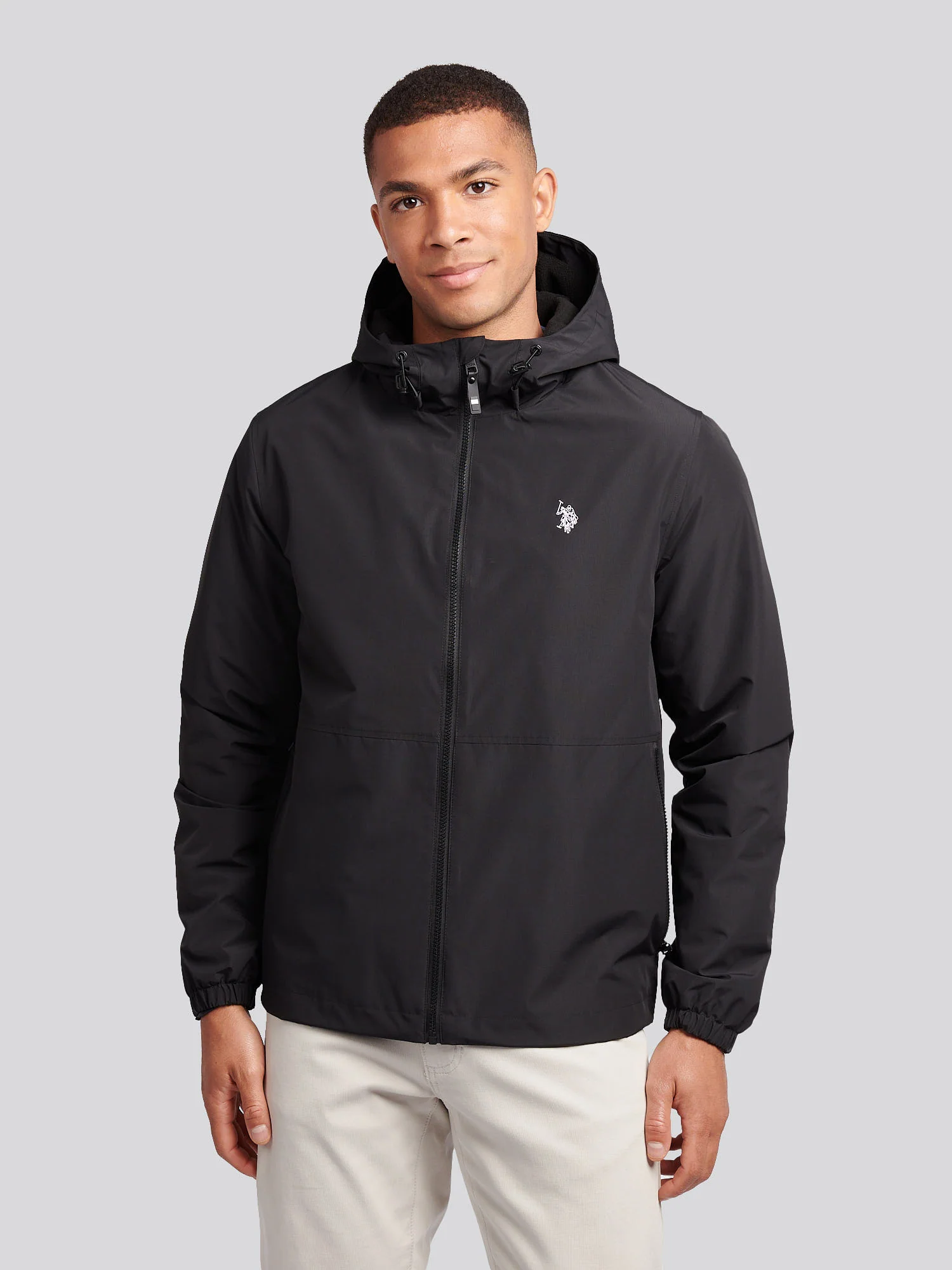 Mens Fleece Lined Windbreaker Jacket in Black Bright White DHM