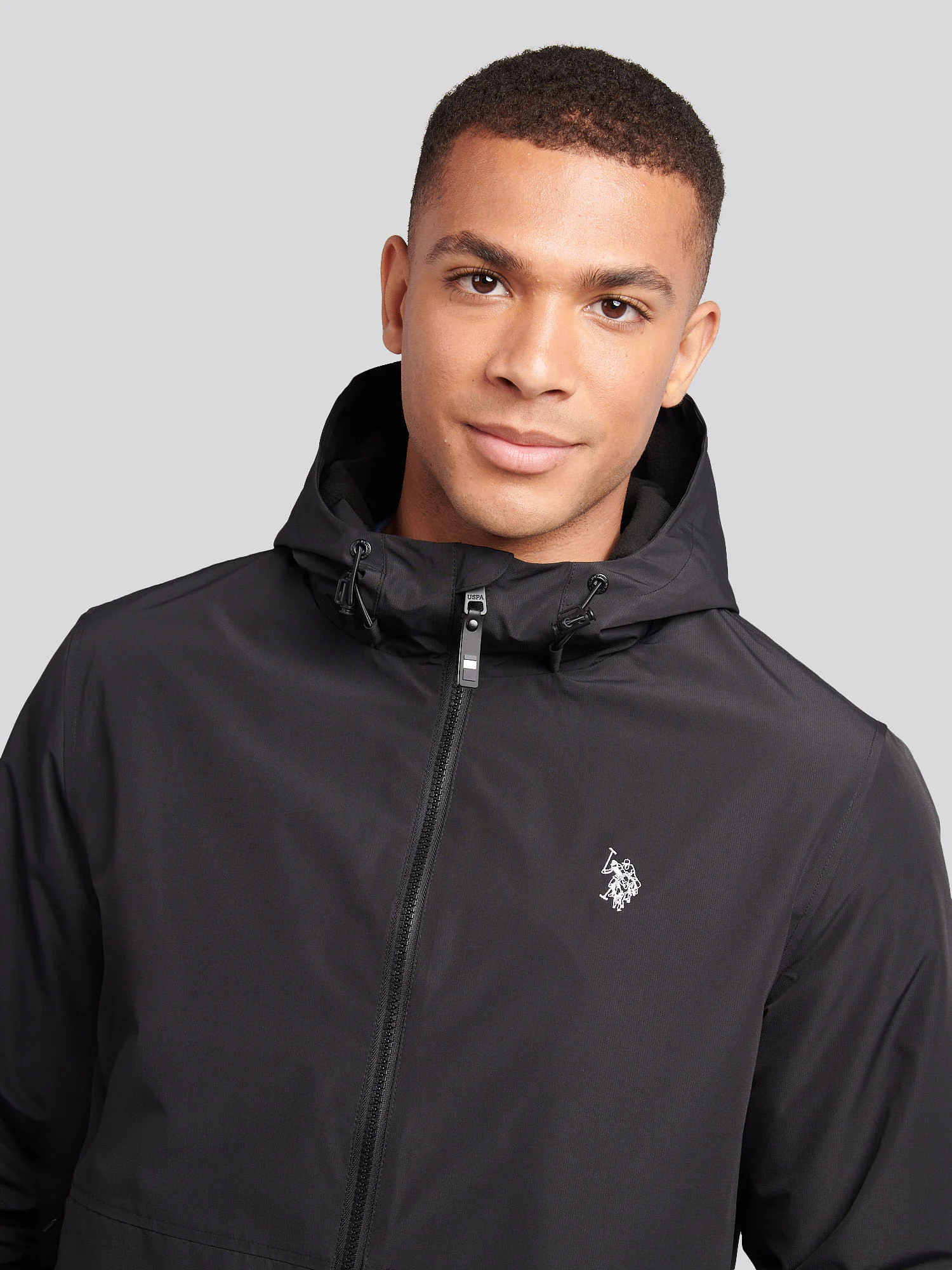 Mens Fleece Lined Windbreaker Jacket in Black Bright White DHM - Image 2