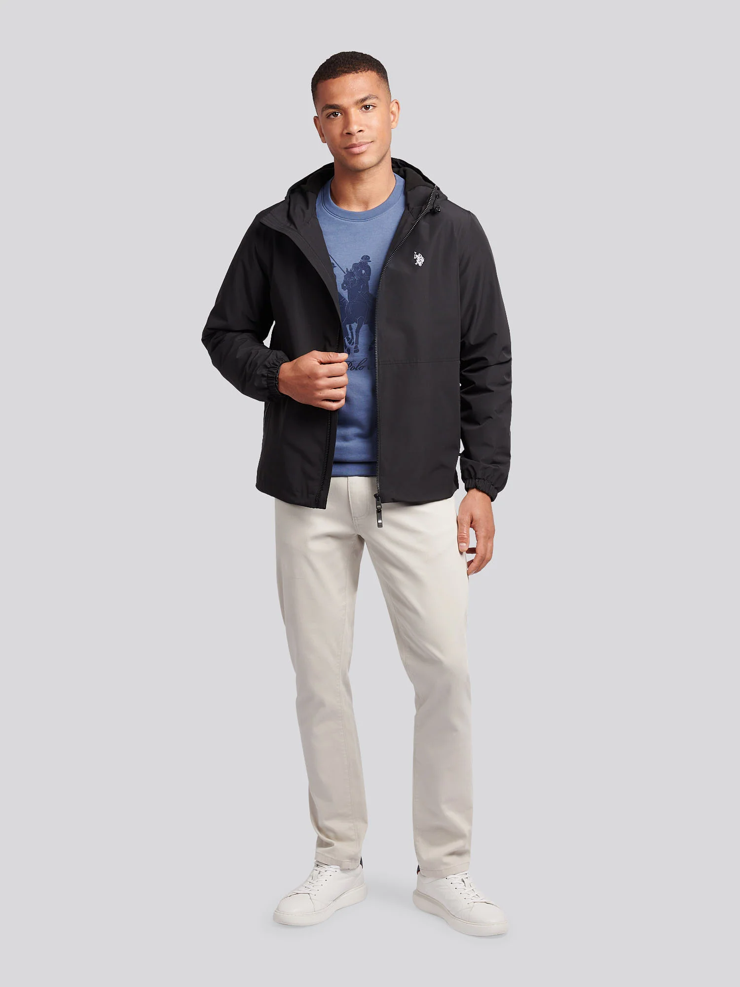 Mens Fleece Lined Windbreaker Jacket in Black Bright White DHM - Image 3