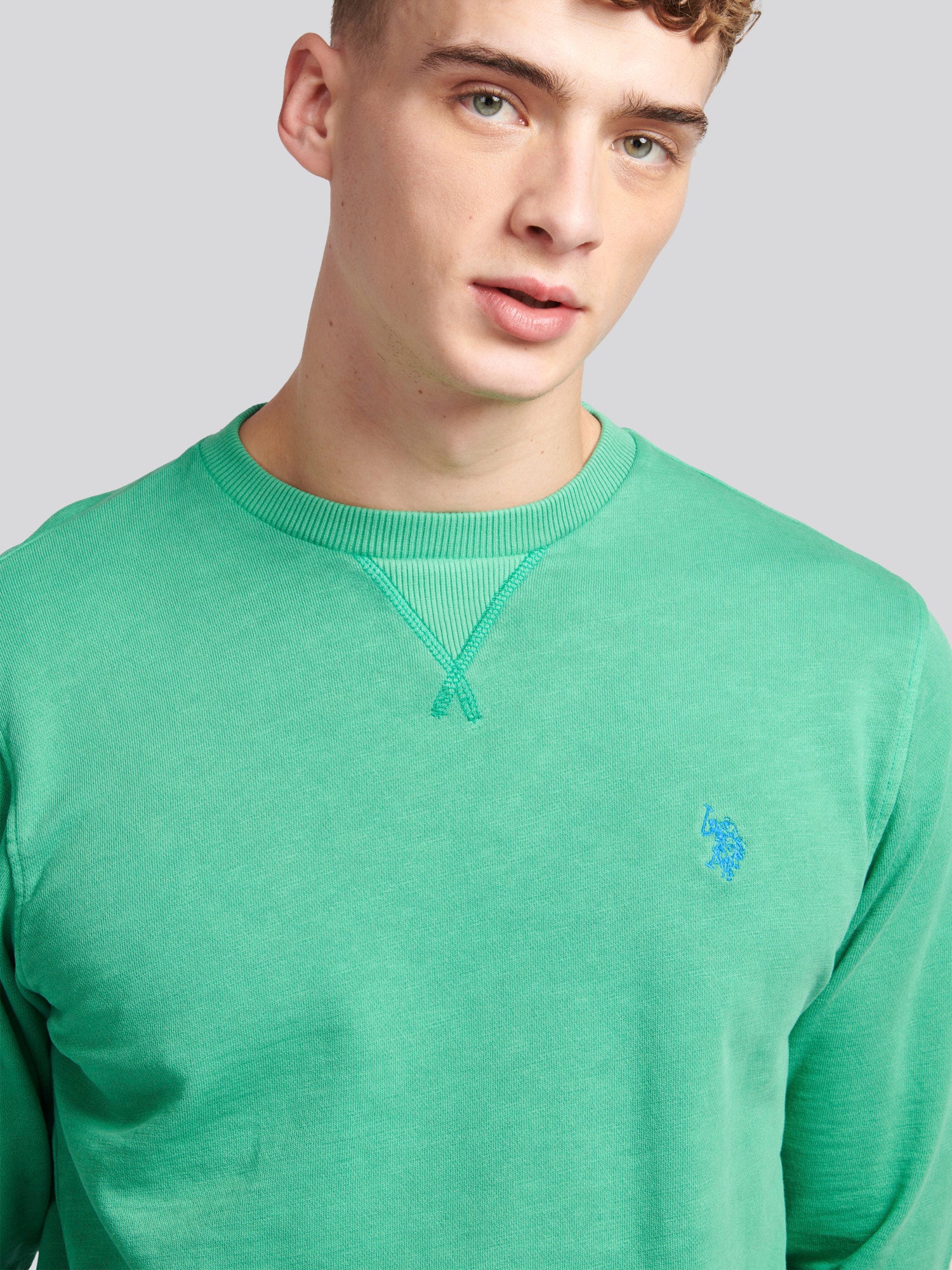 Mens Garment Dye Crew Neck Sweatshirt in Golf Green - Image 3