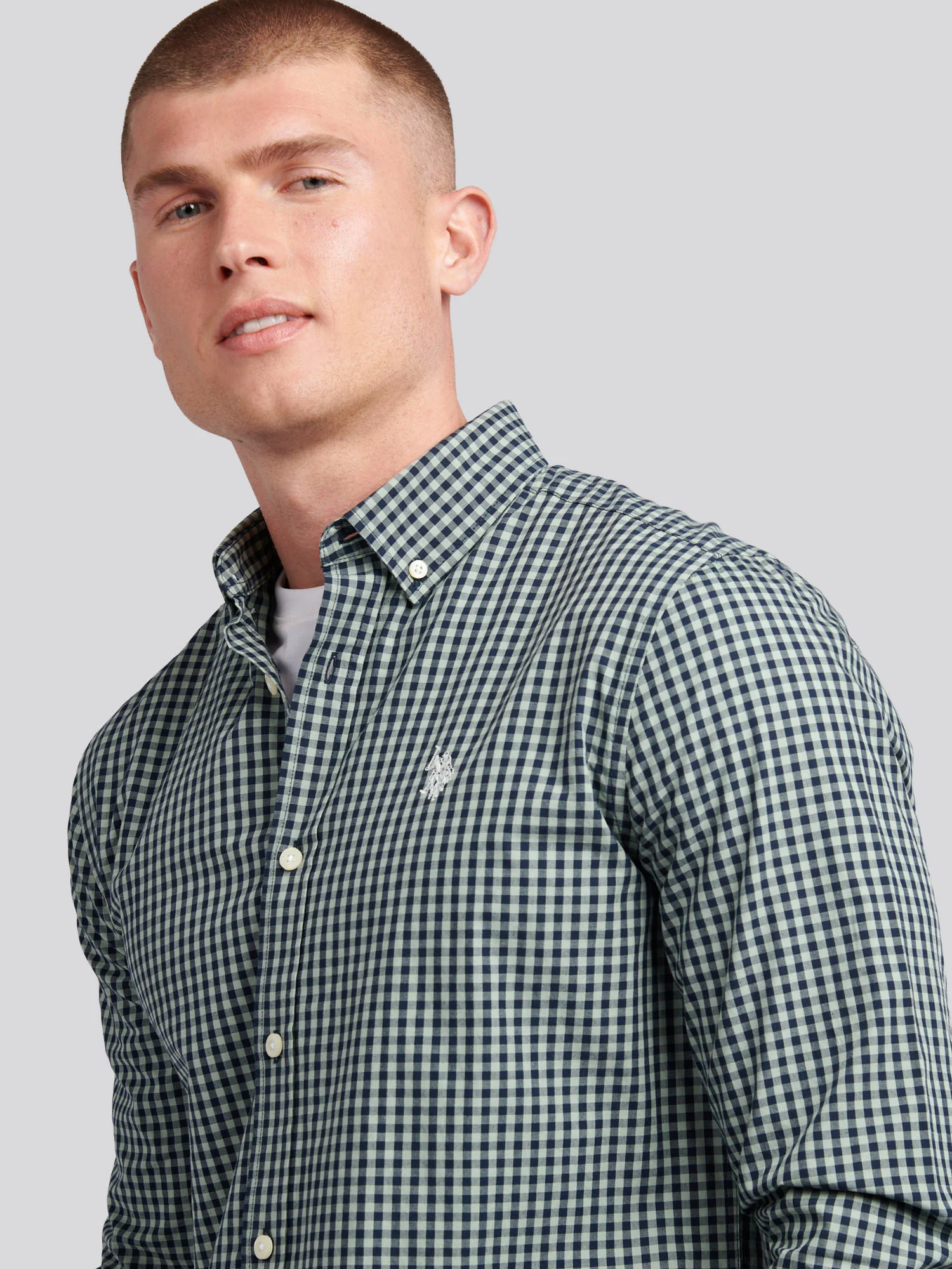Mens Gingham Shirt in Iceberg Green - Image 2