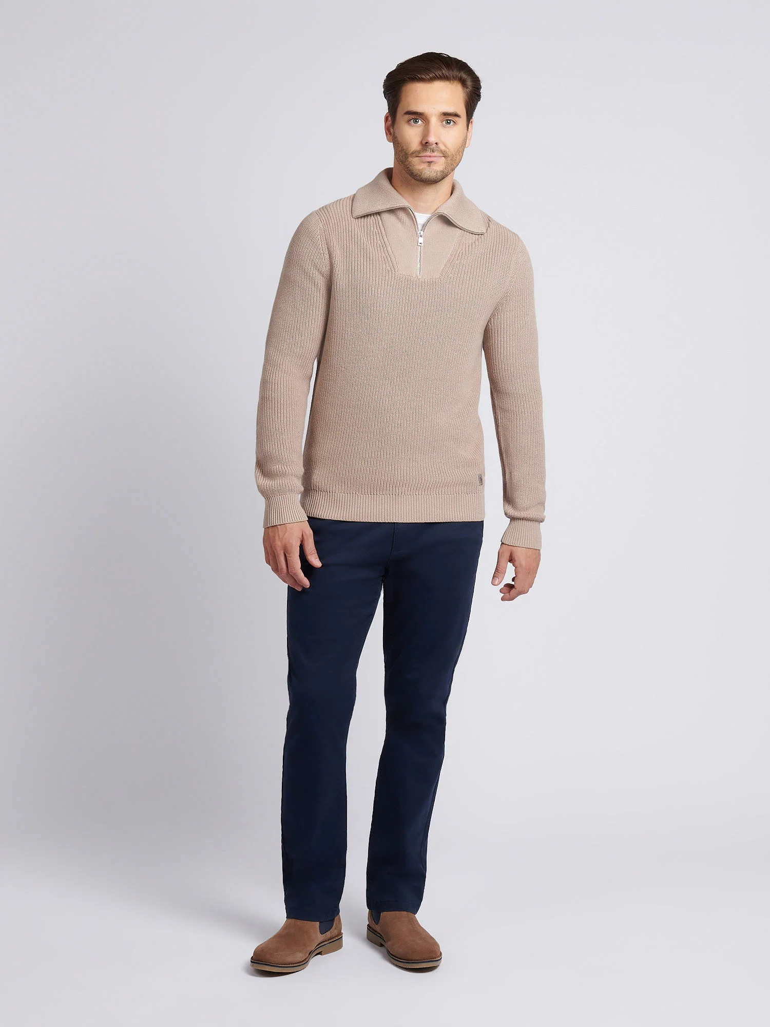 Mens Half Cardigan Stitch Knit Funnel in Atmosphere - Image 3