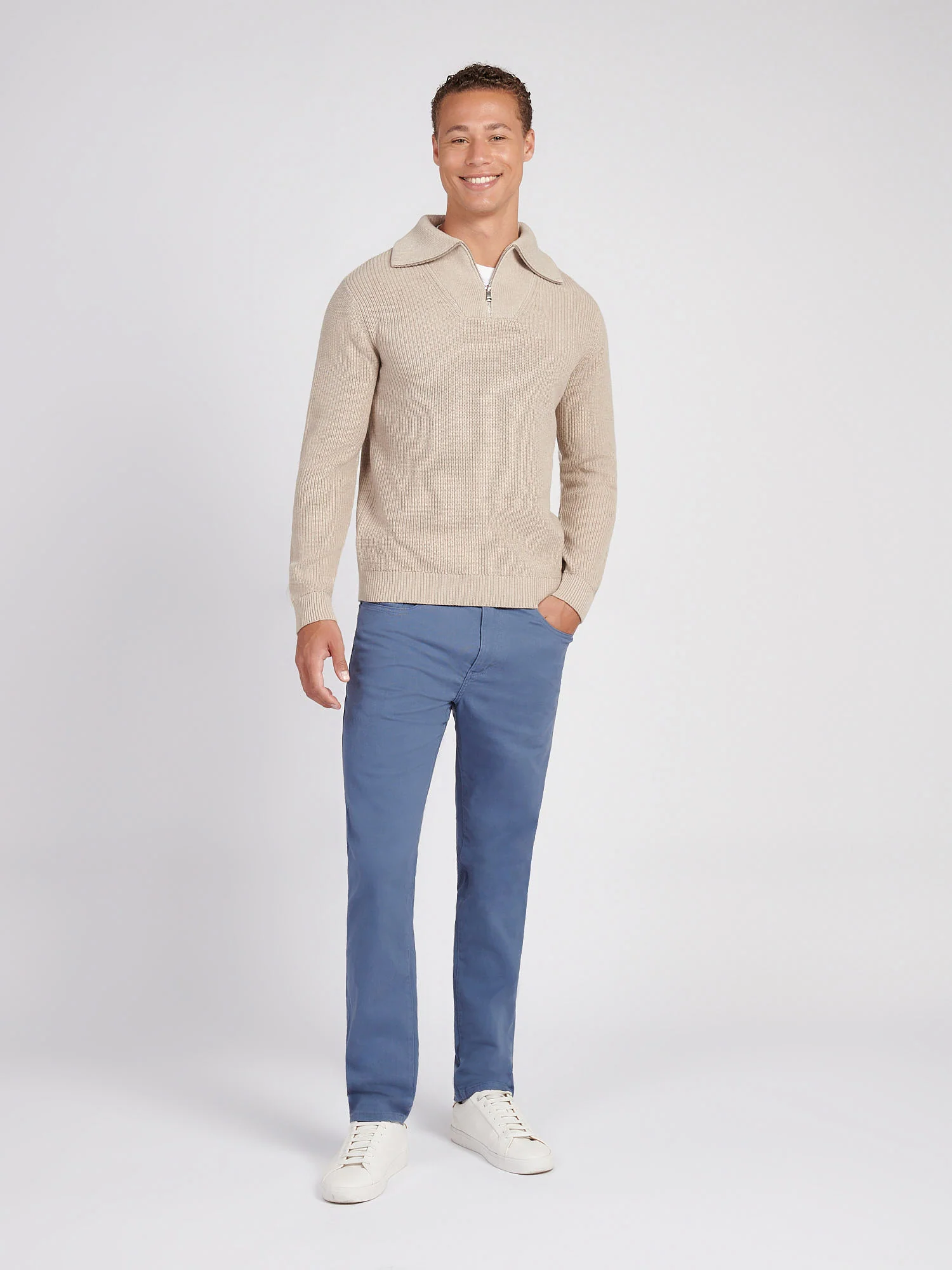 Mens Half Cardigan Stitch Knit Funnel in Atmosphere Marl - Image 3