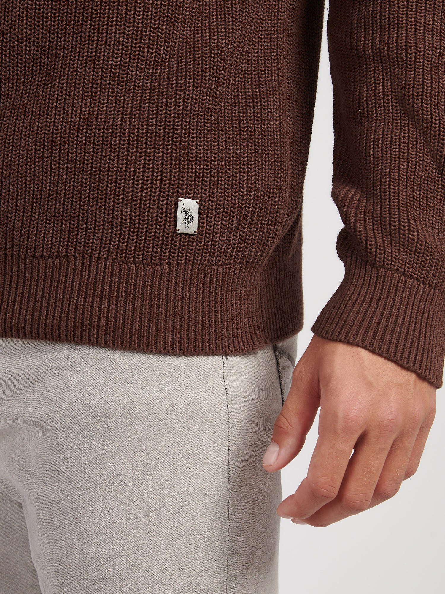 Mens Half Cardigan Stitch Knit Funnel in Chocolate Martini - Image 2