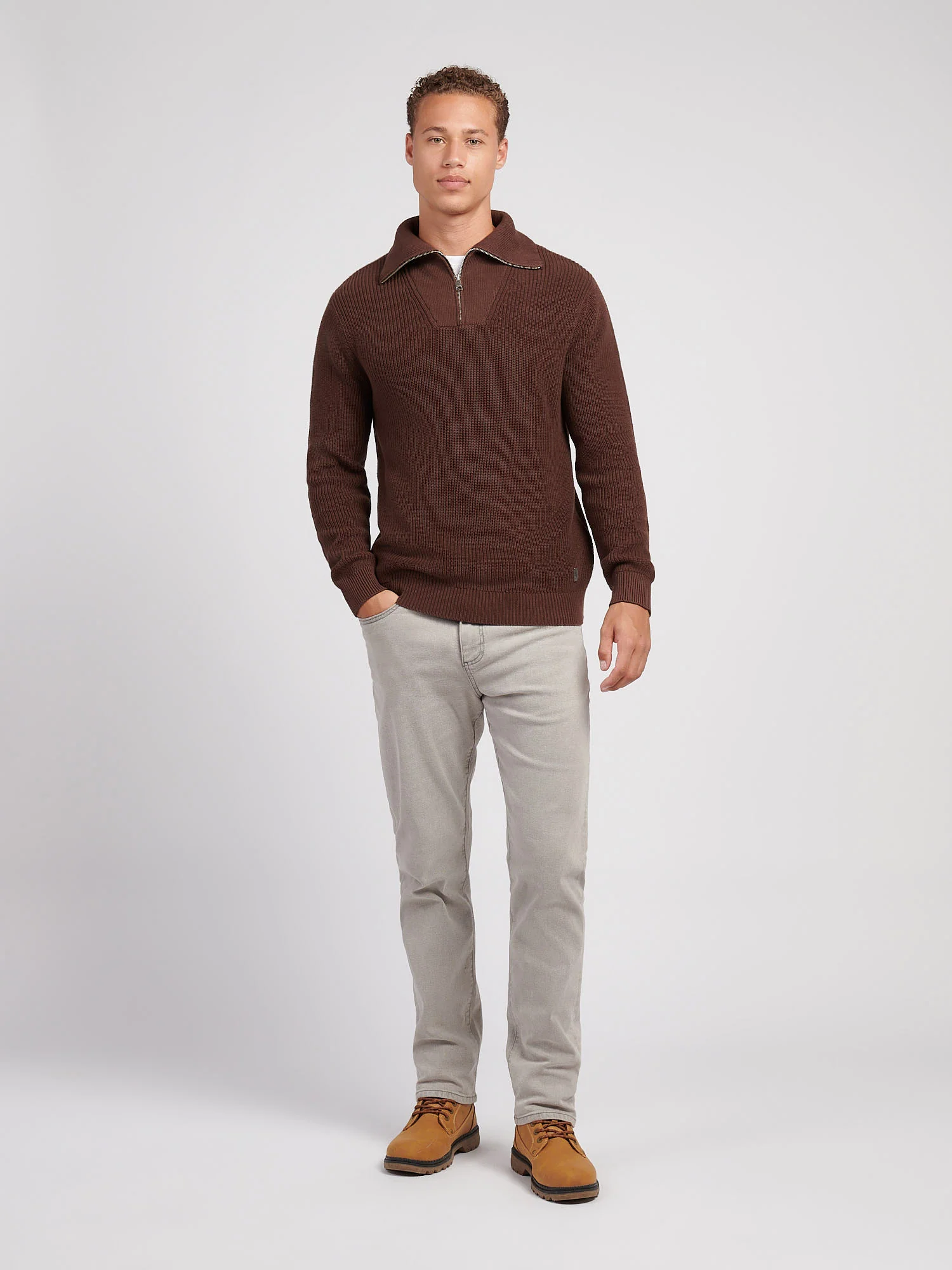 Mens Half Cardigan Stitch Knit Funnel in Chocolate Martini - Image 3