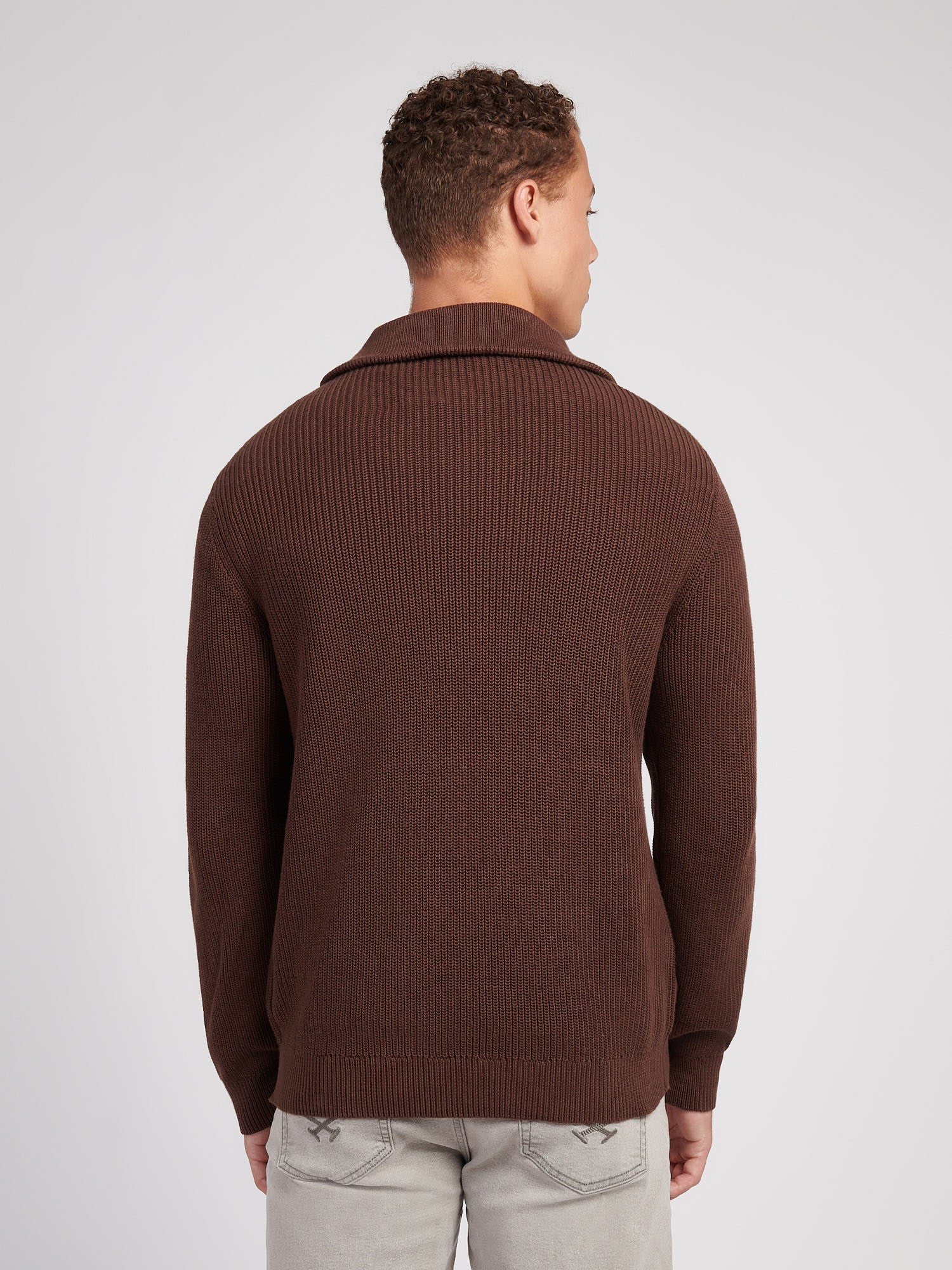 Mens Half Cardigan Stitch Knit Funnel in Chocolate Martini - Image 4