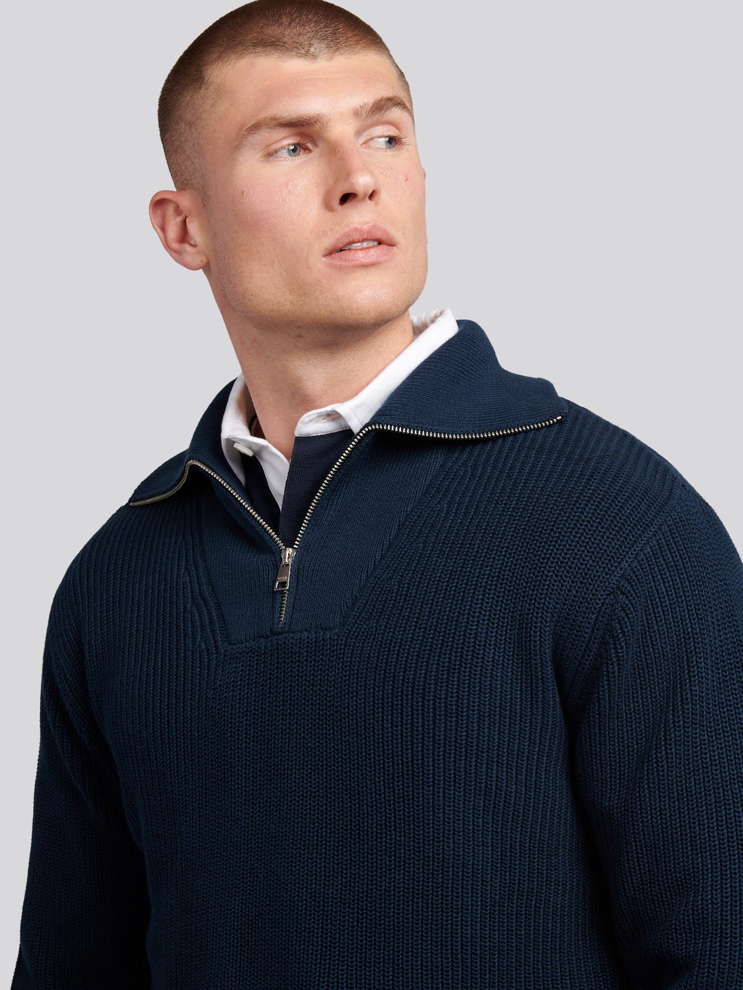 Mens Half Cardigan Stitch Knit Funnel in Dark Sapphire Navy - Image 2