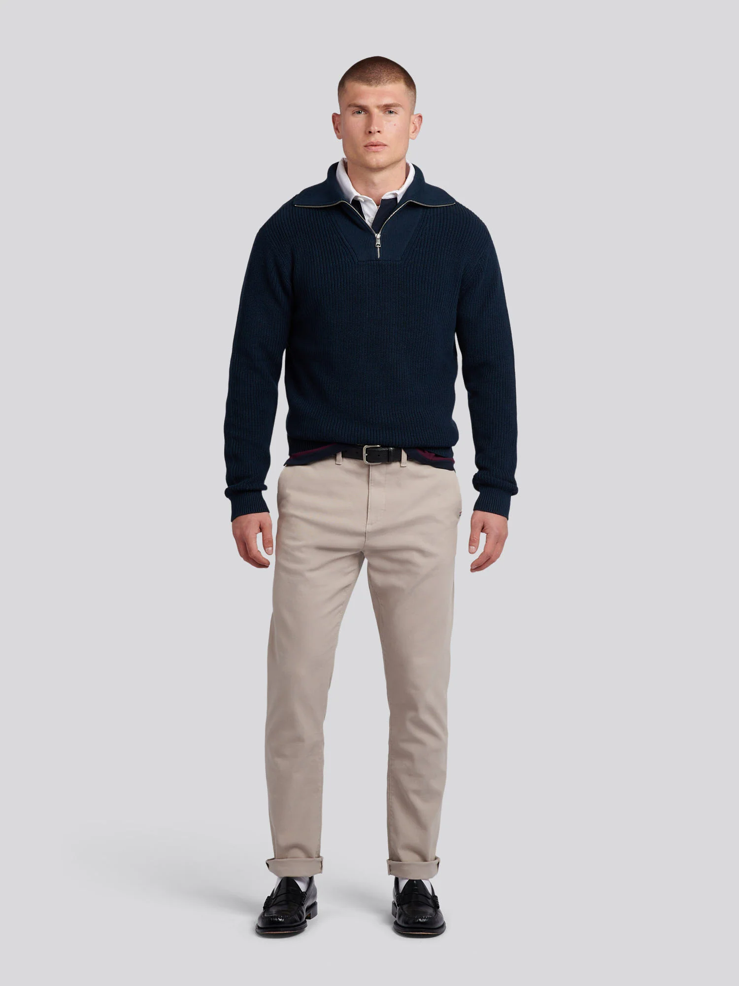 Mens Half Cardigan Stitch Knit Funnel in Dark Sapphire Navy - Image 3