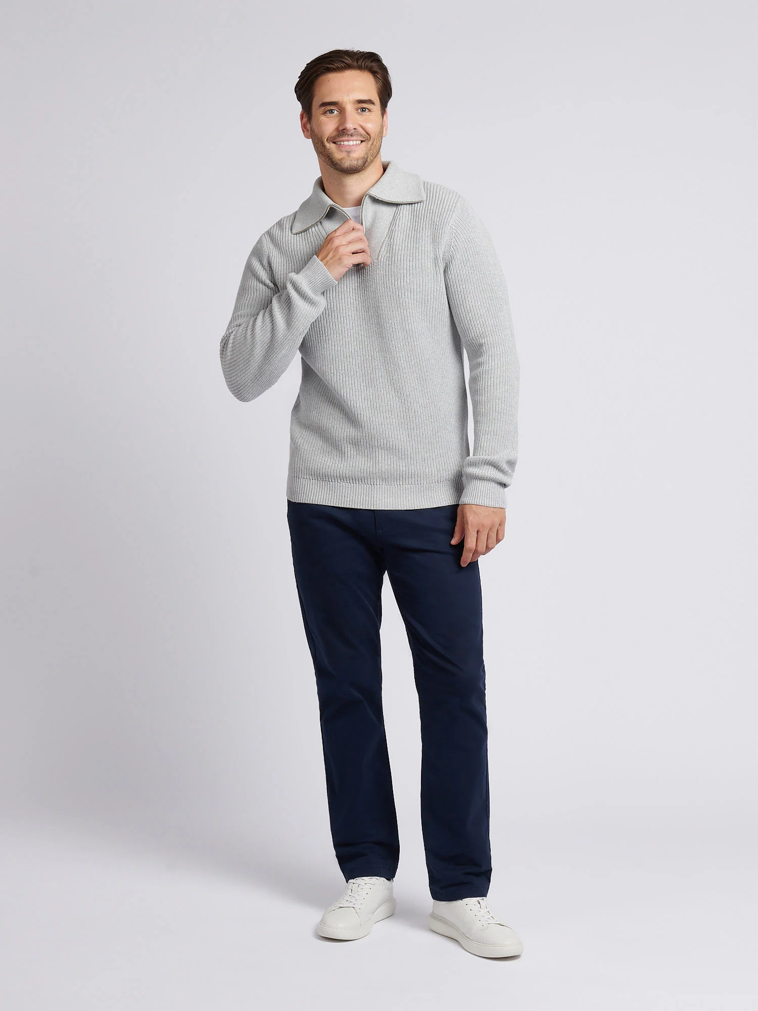 Mens Half Cardigan Stitch Knit Funnel in Mid Grey Marl - Image 3