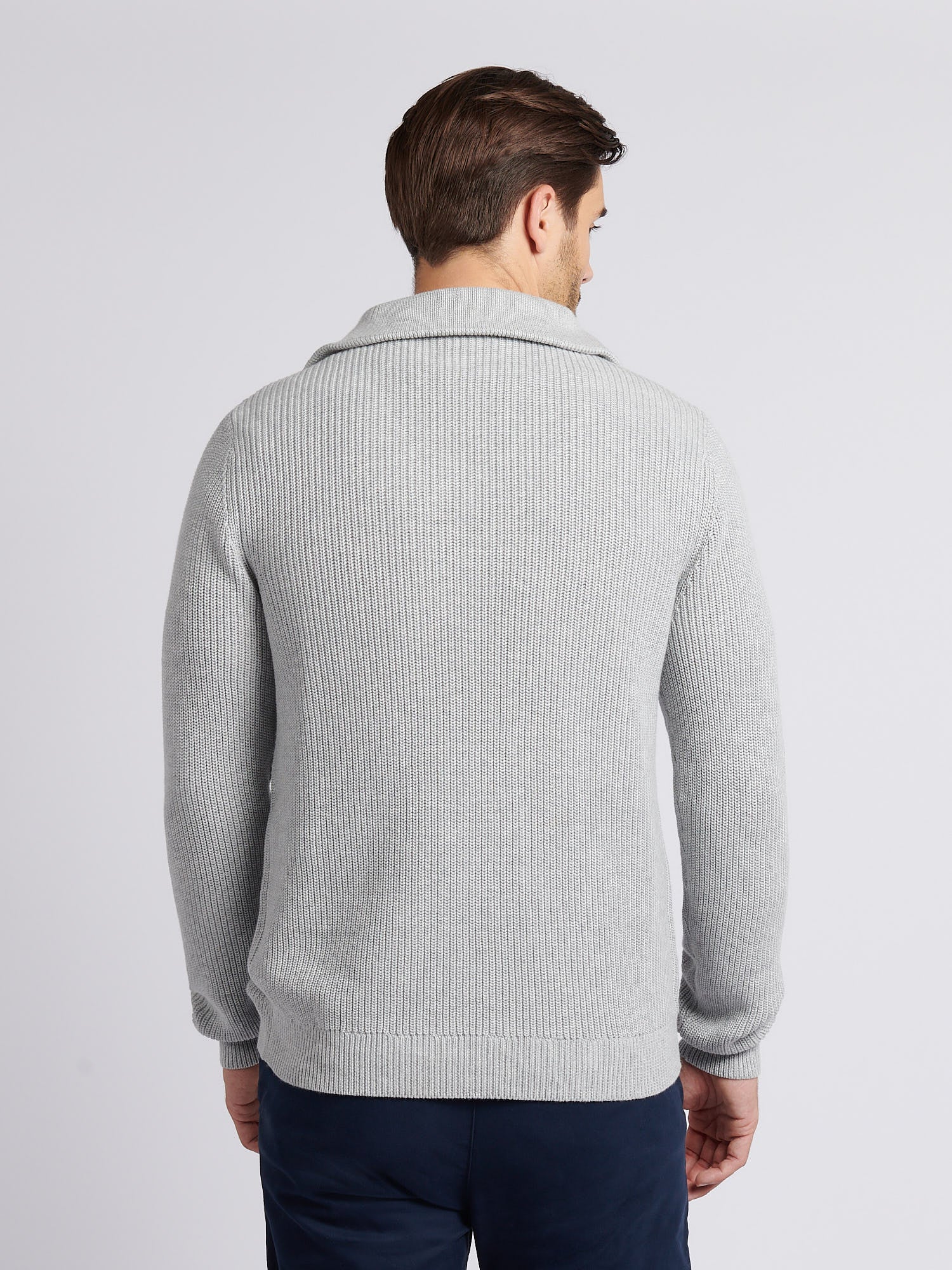 Mens Half Cardigan Stitch Knit Funnel in Mid Grey Marl - Image 4