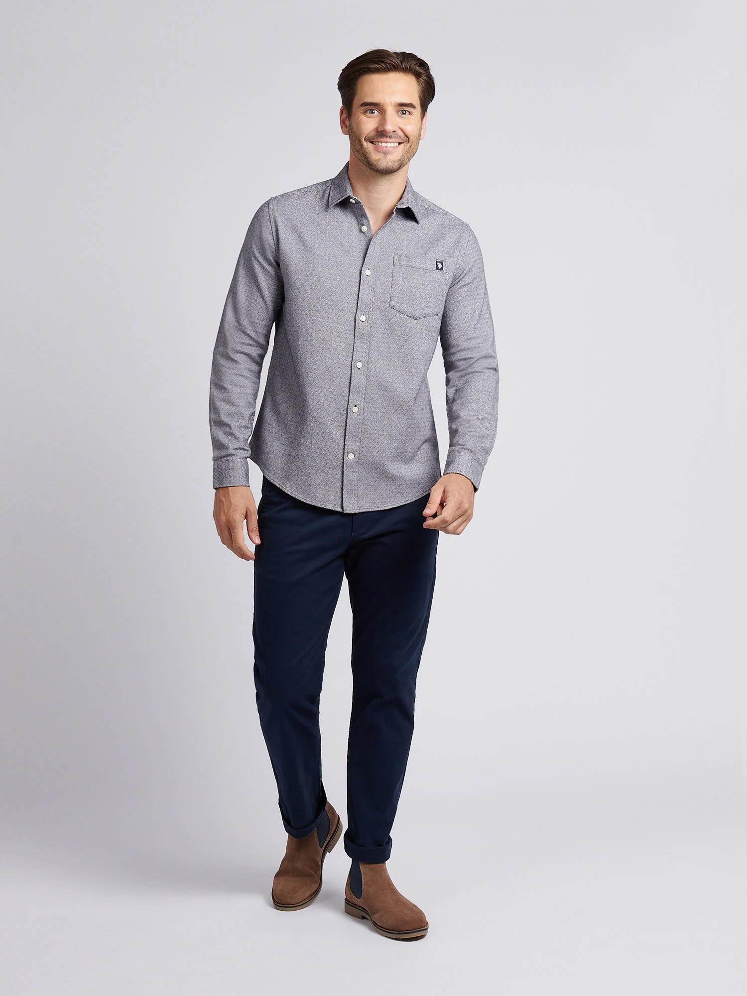 Mens Herringbone Crosshatch Textured Shirt in Dark Sapphire Navy - Image 3