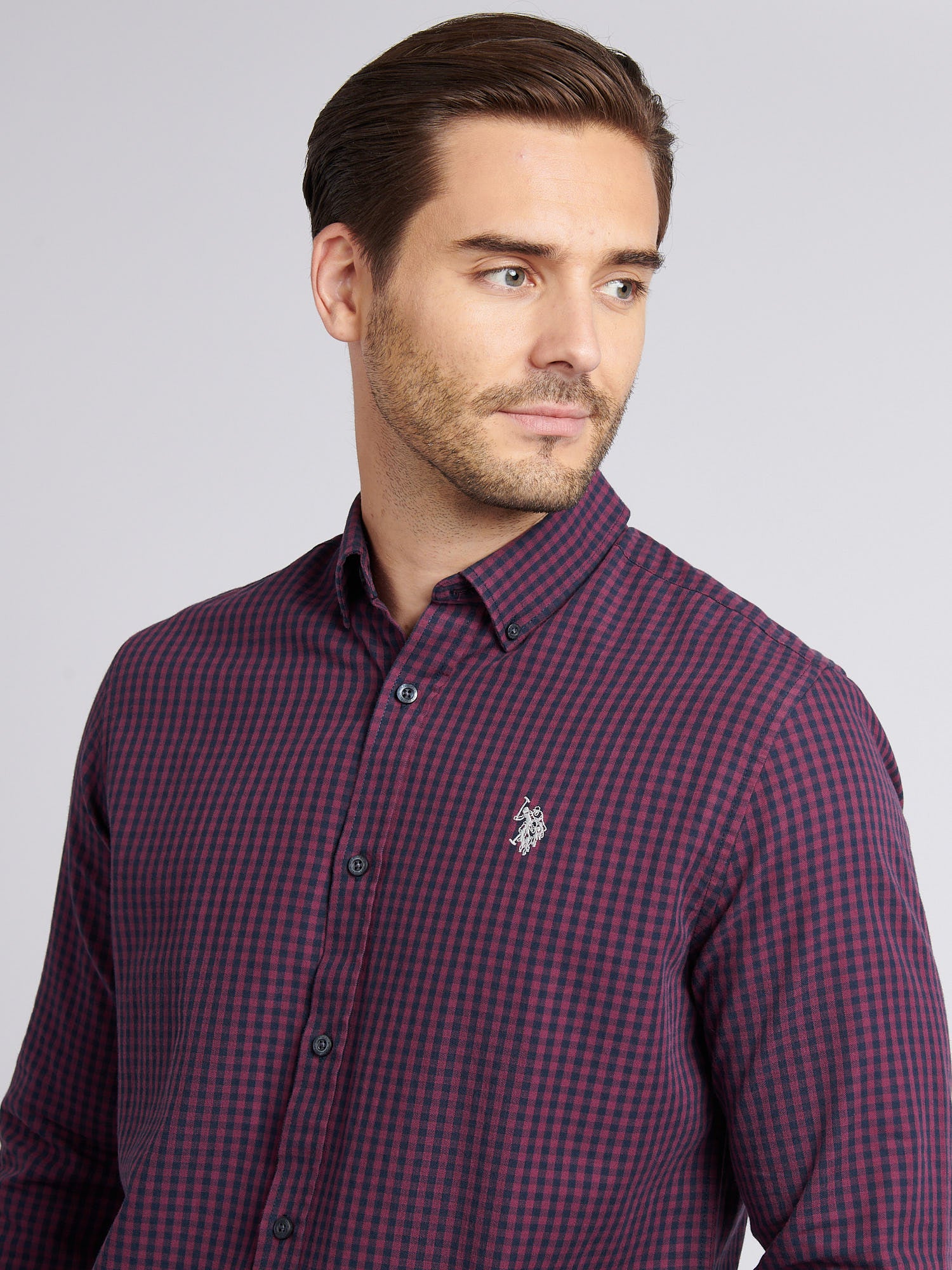 Mens Herringbone Weave Peached Gingham Shirt in Grape Wine - Image 2