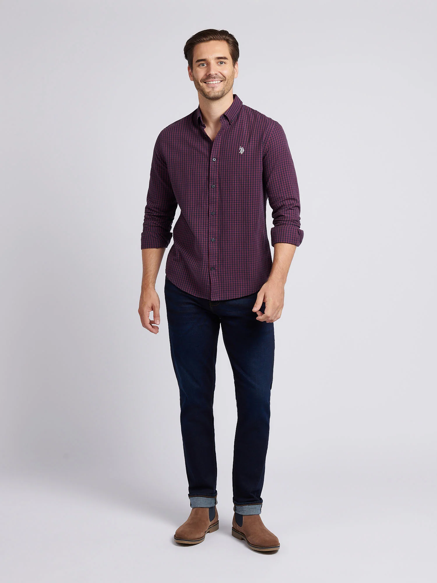 Mens Herringbone Weave Peached Gingham Shirt in Grape Wine - Image 3