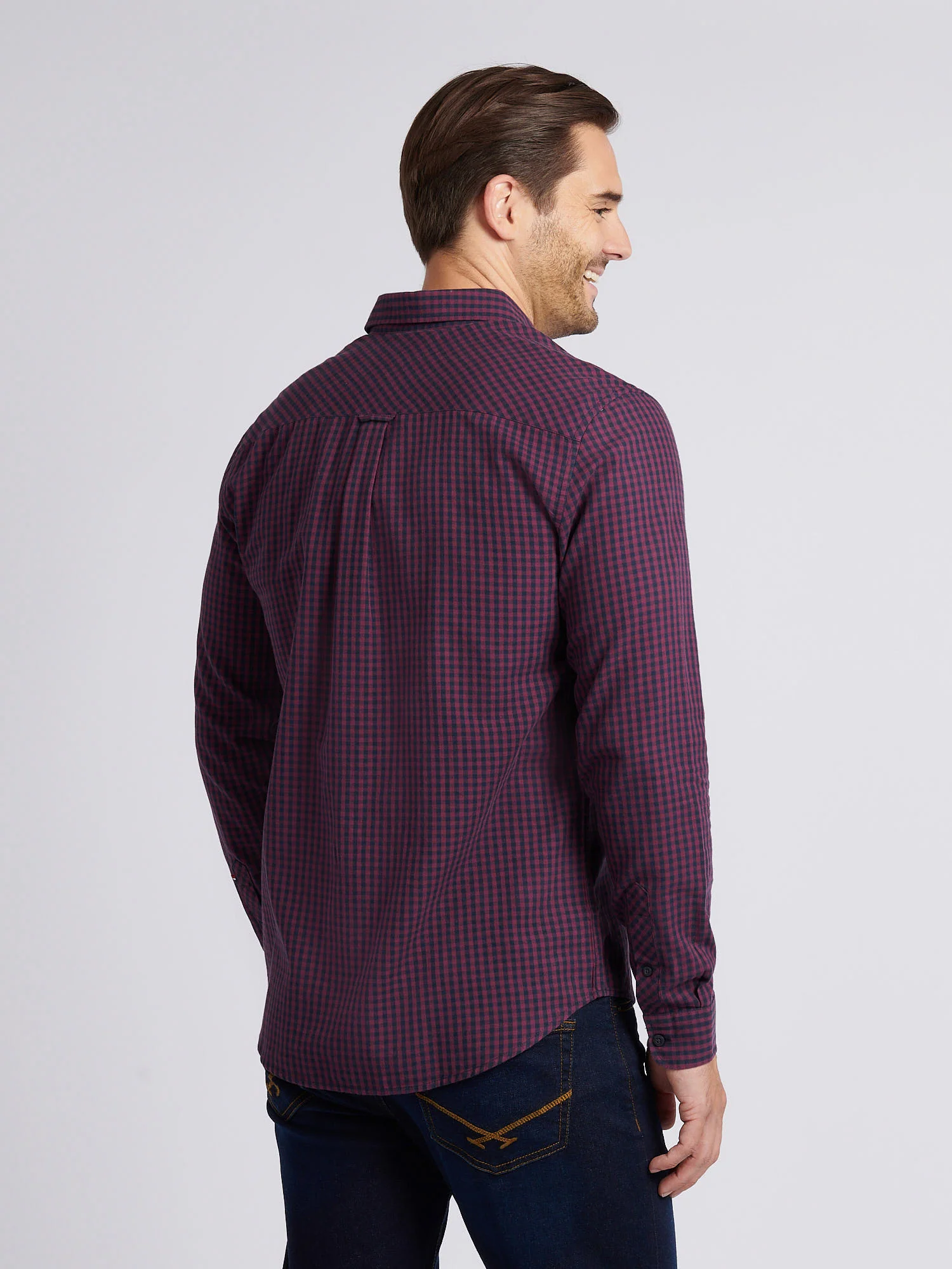 Mens Herringbone Weave Peached Gingham Shirt in Grape Wine - Image 4