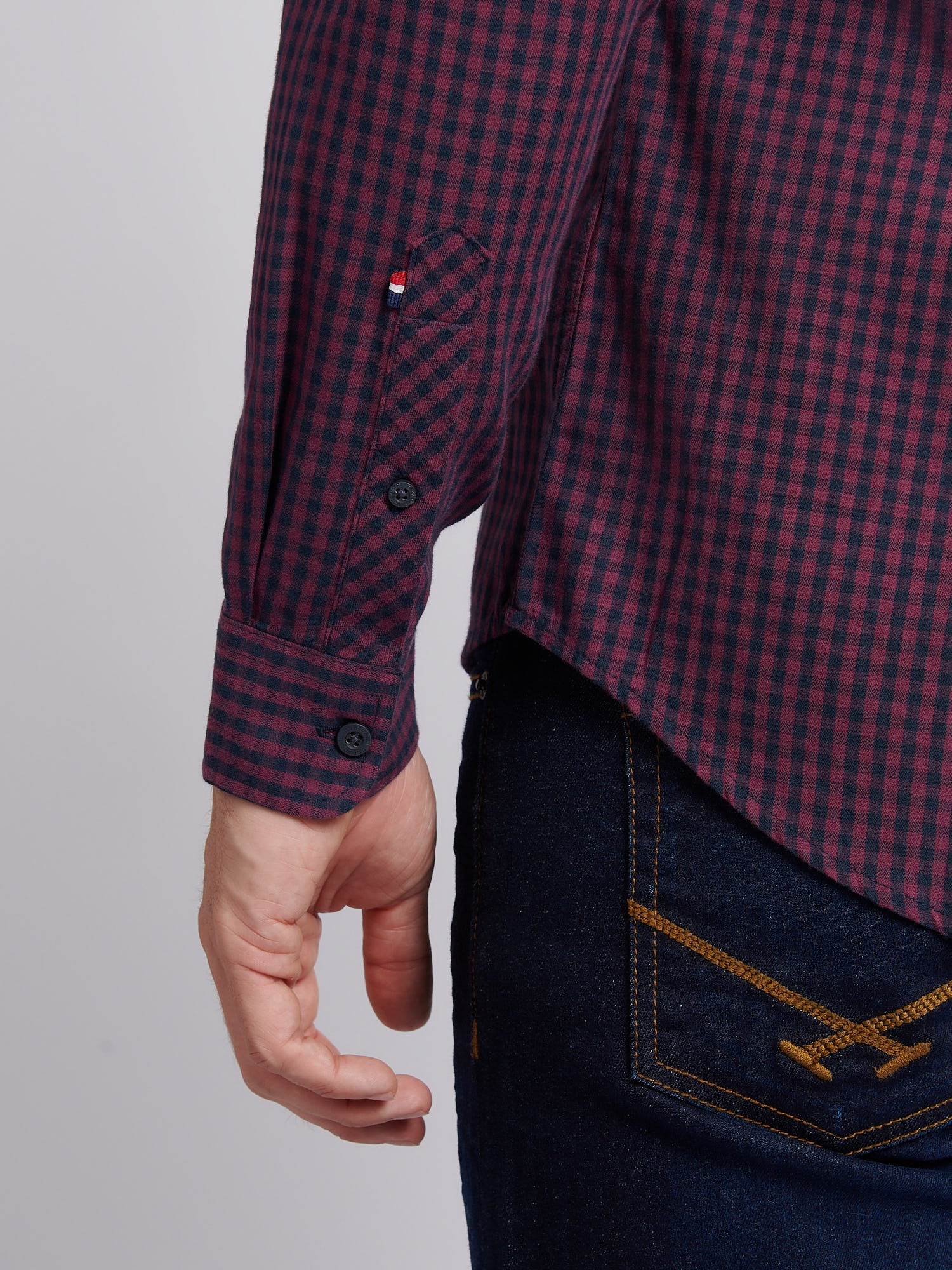 Mens Herringbone Weave Peached Gingham Shirt in Grape Wine - Image 5