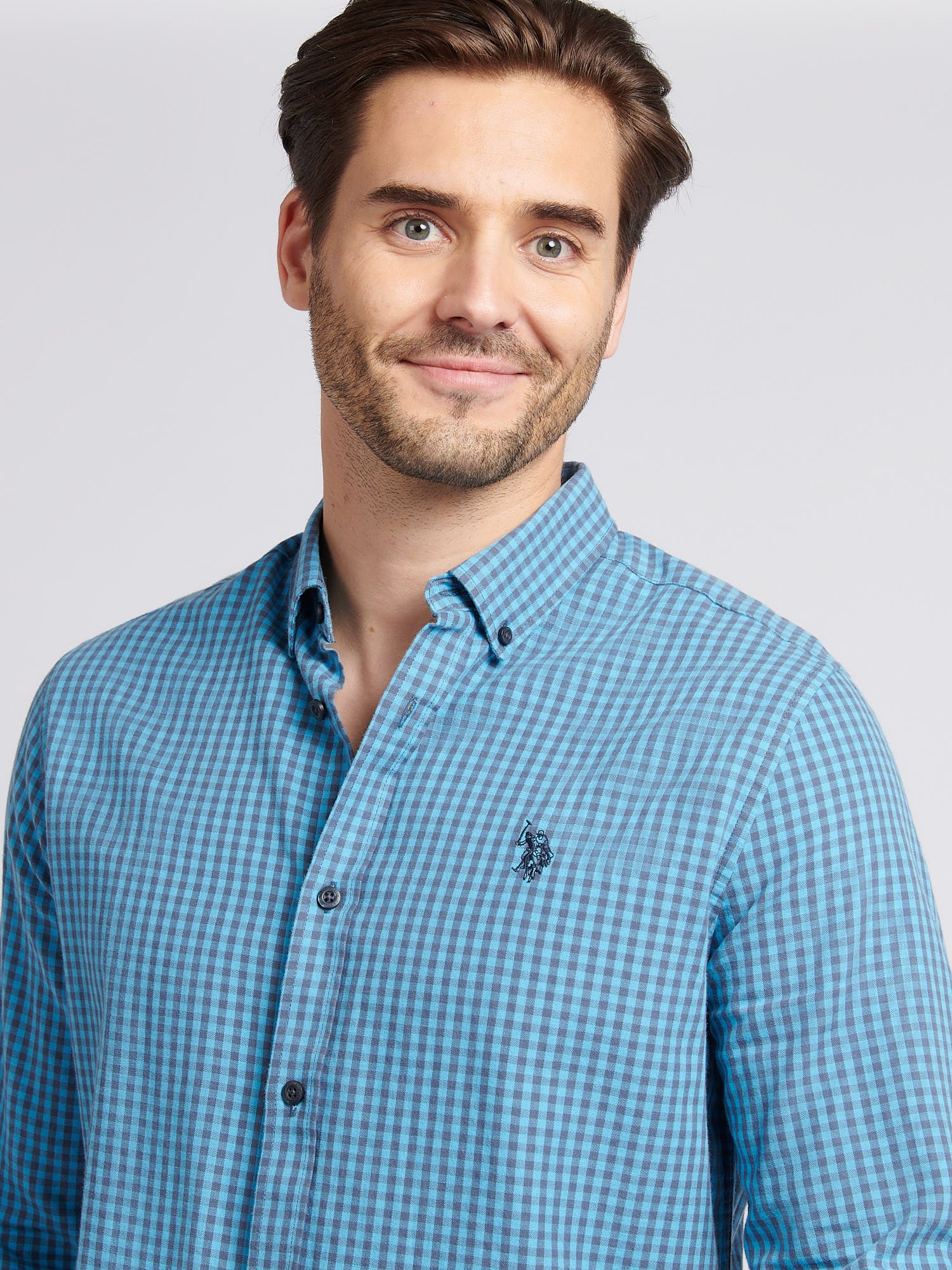 Mens Herringbone Weave Peached Gingham Shirt in Heritage Blue - Image 2