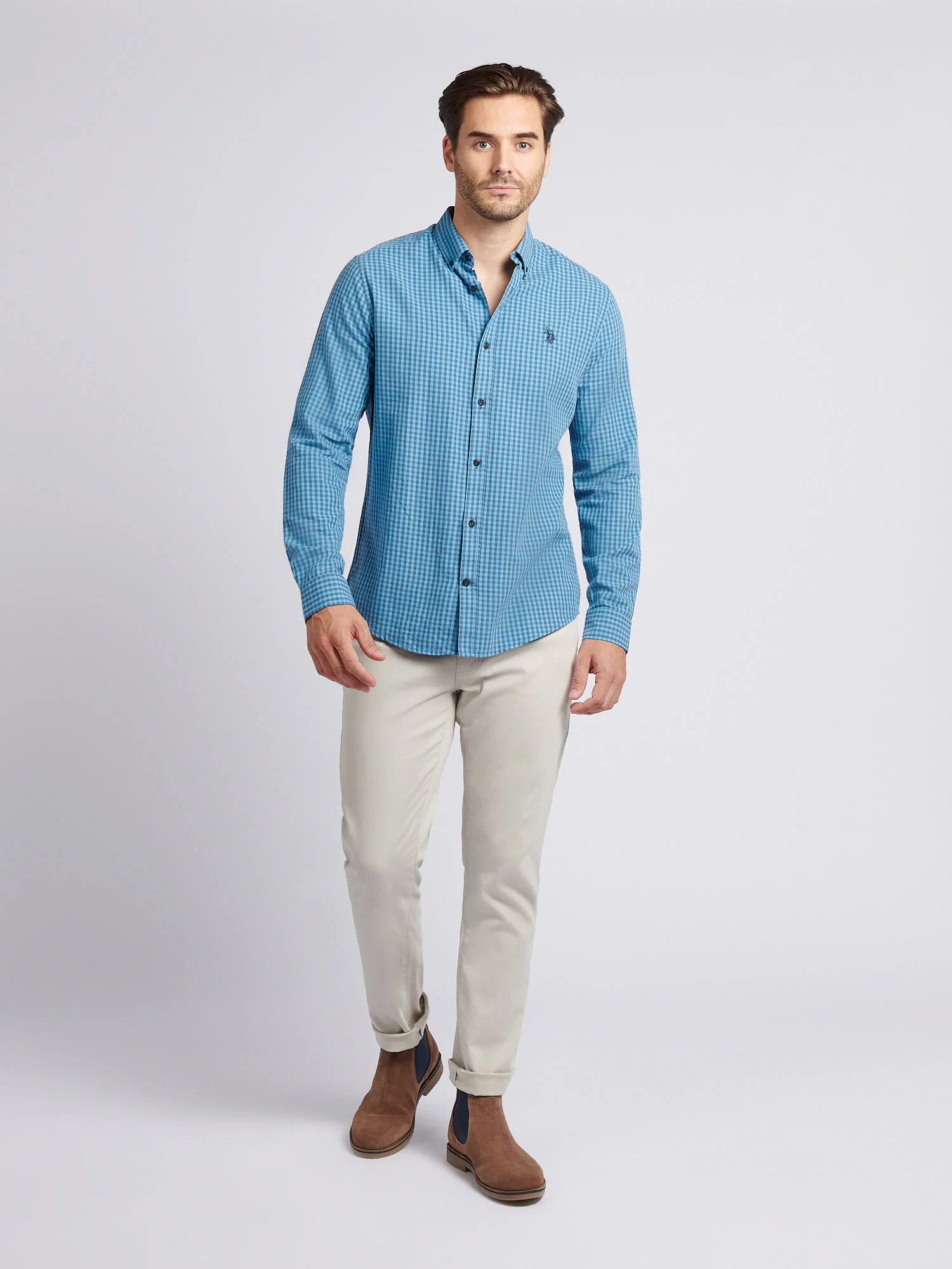 Mens Herringbone Weave Peached Gingham Shirt in Heritage Blue - Image 3