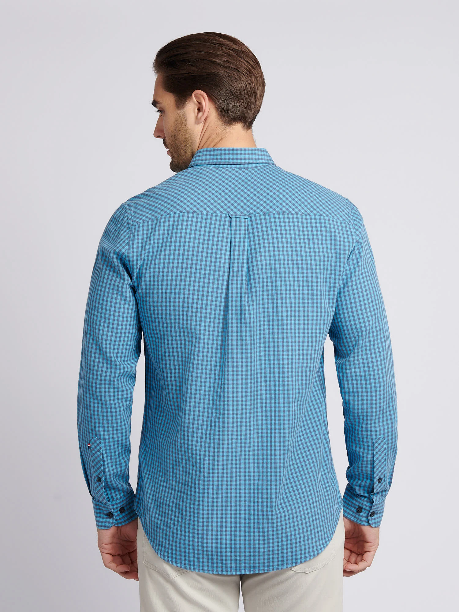 Mens Herringbone Weave Peached Gingham Shirt in Heritage Blue - Image 4