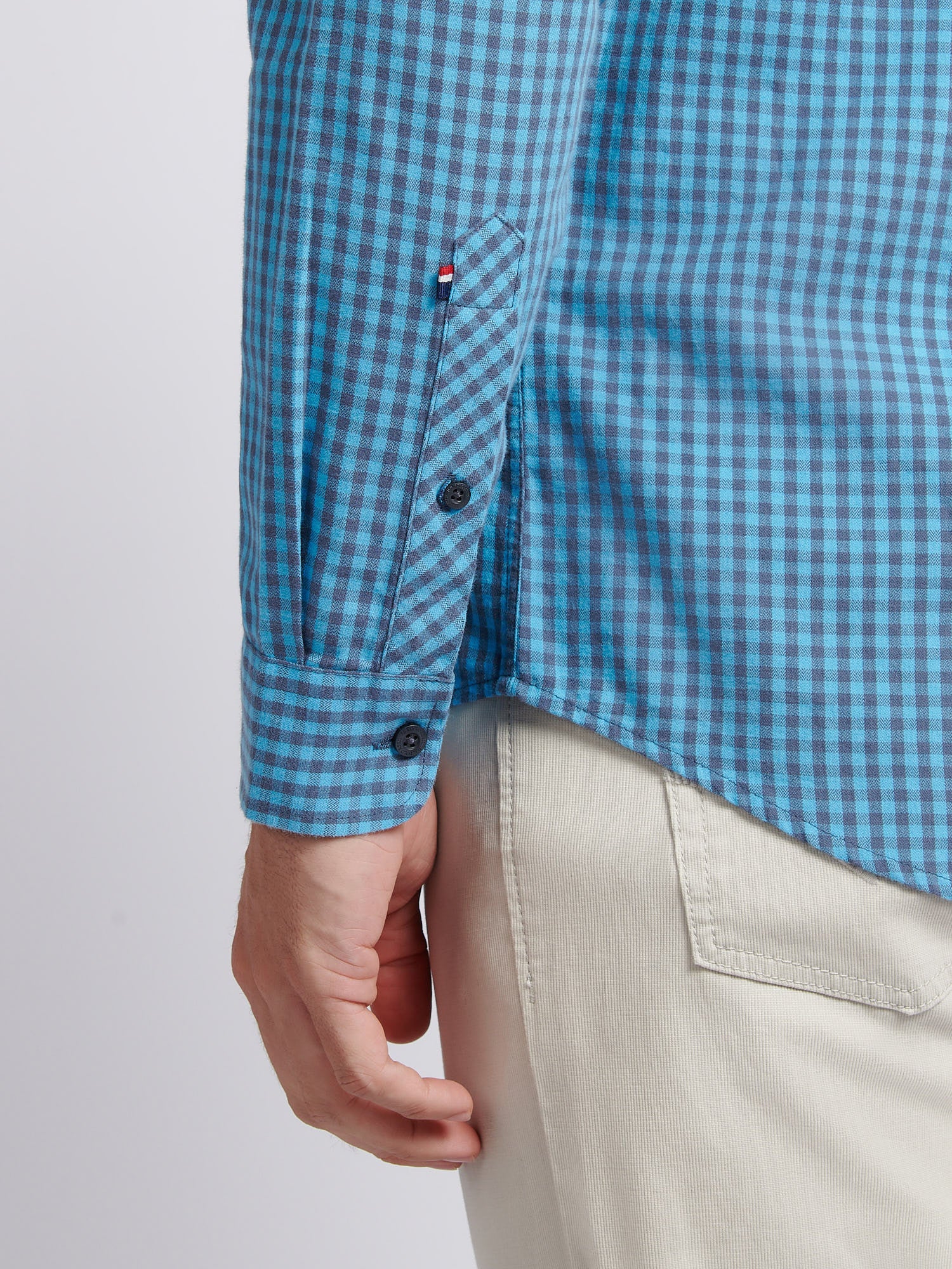 Mens Herringbone Weave Peached Gingham Shirt in Heritage Blue - Image 5