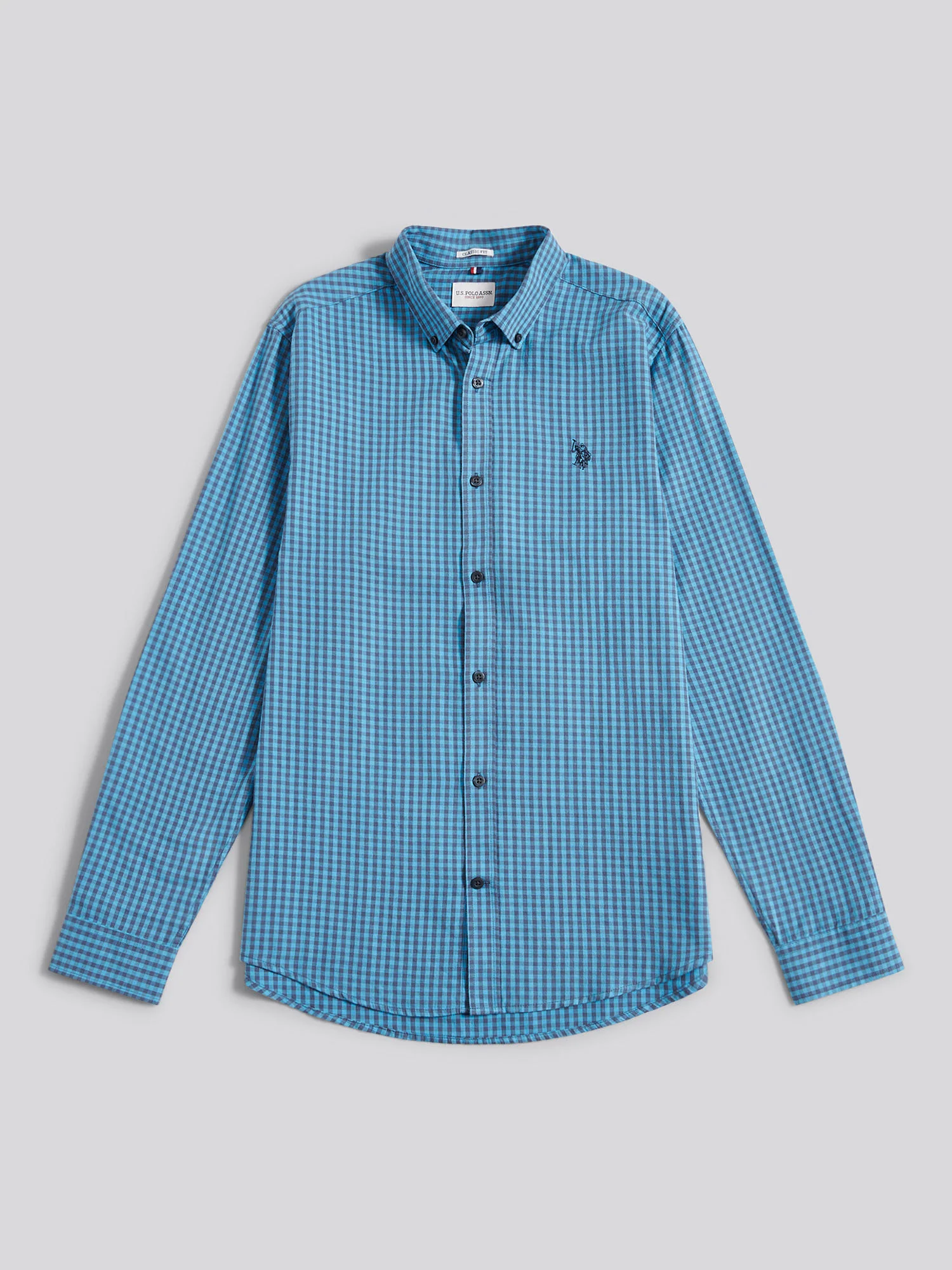 Mens Herringbone Weave Peached Gingham Shirt in Heritage Blue - Image 6