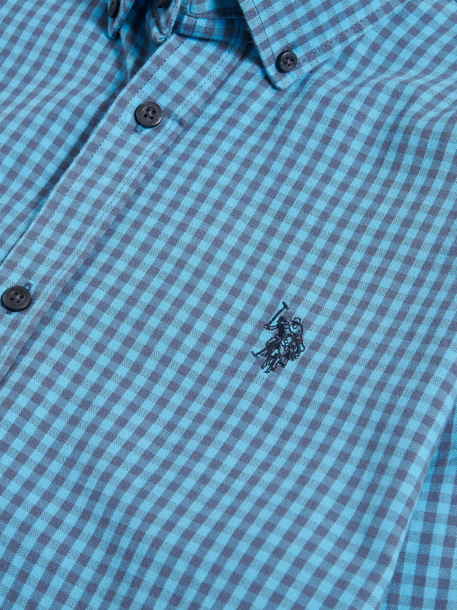 Mens Herringbone Weave Peached Gingham Shirt in Heritage Blue - Image 8