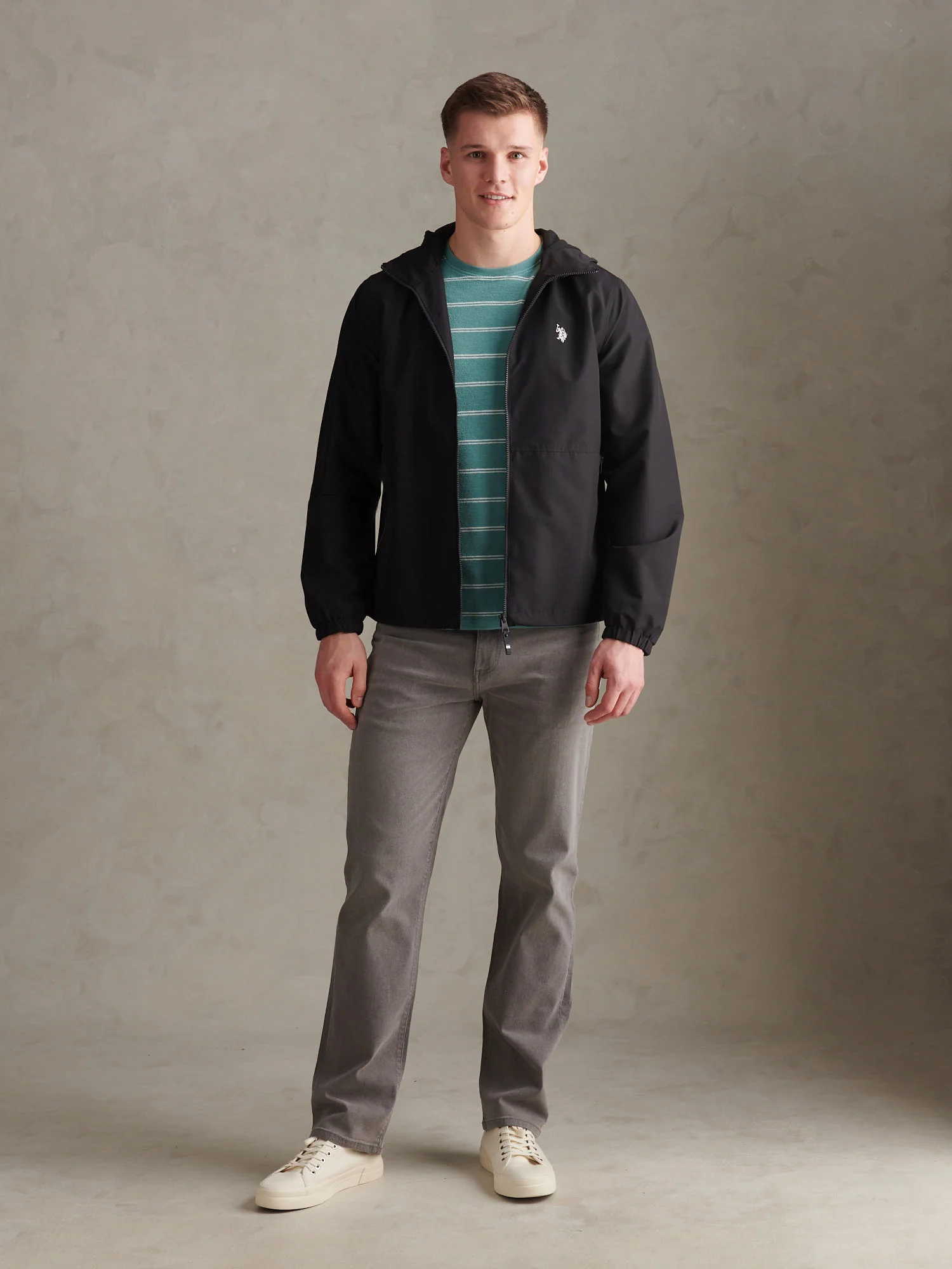 Mens Hooded Windbreaker Black Bright White DHM - Image 3