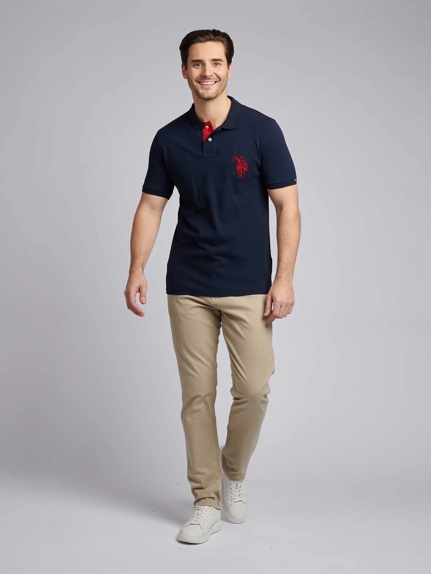 Mens Large Player Pique Polo Shirt in Dark Sapphire Navy / Haute Red DHM - Image 4