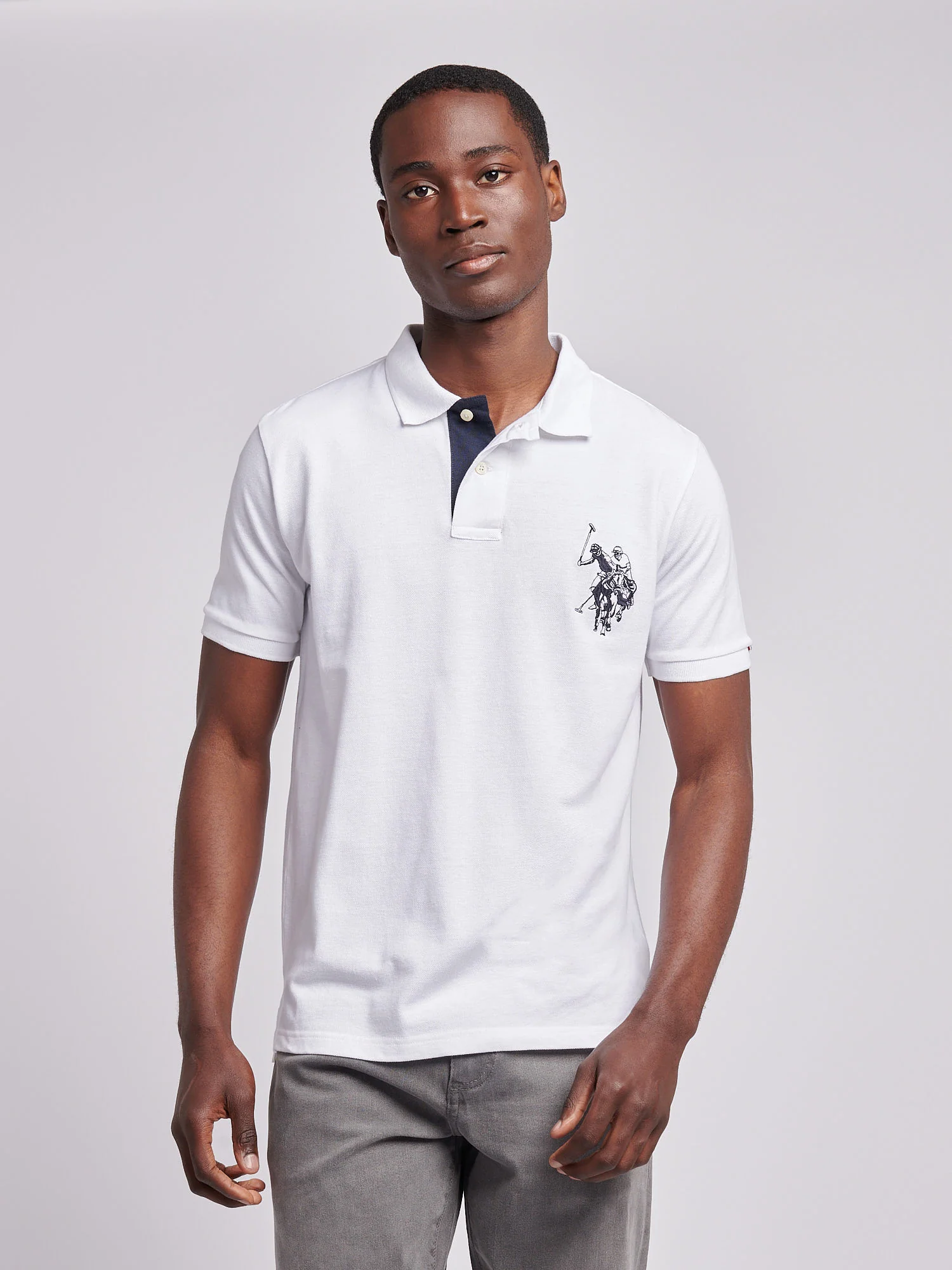 Mens Large Player Pique Polo Shirt in White / Dark Sapphire Navy DHM